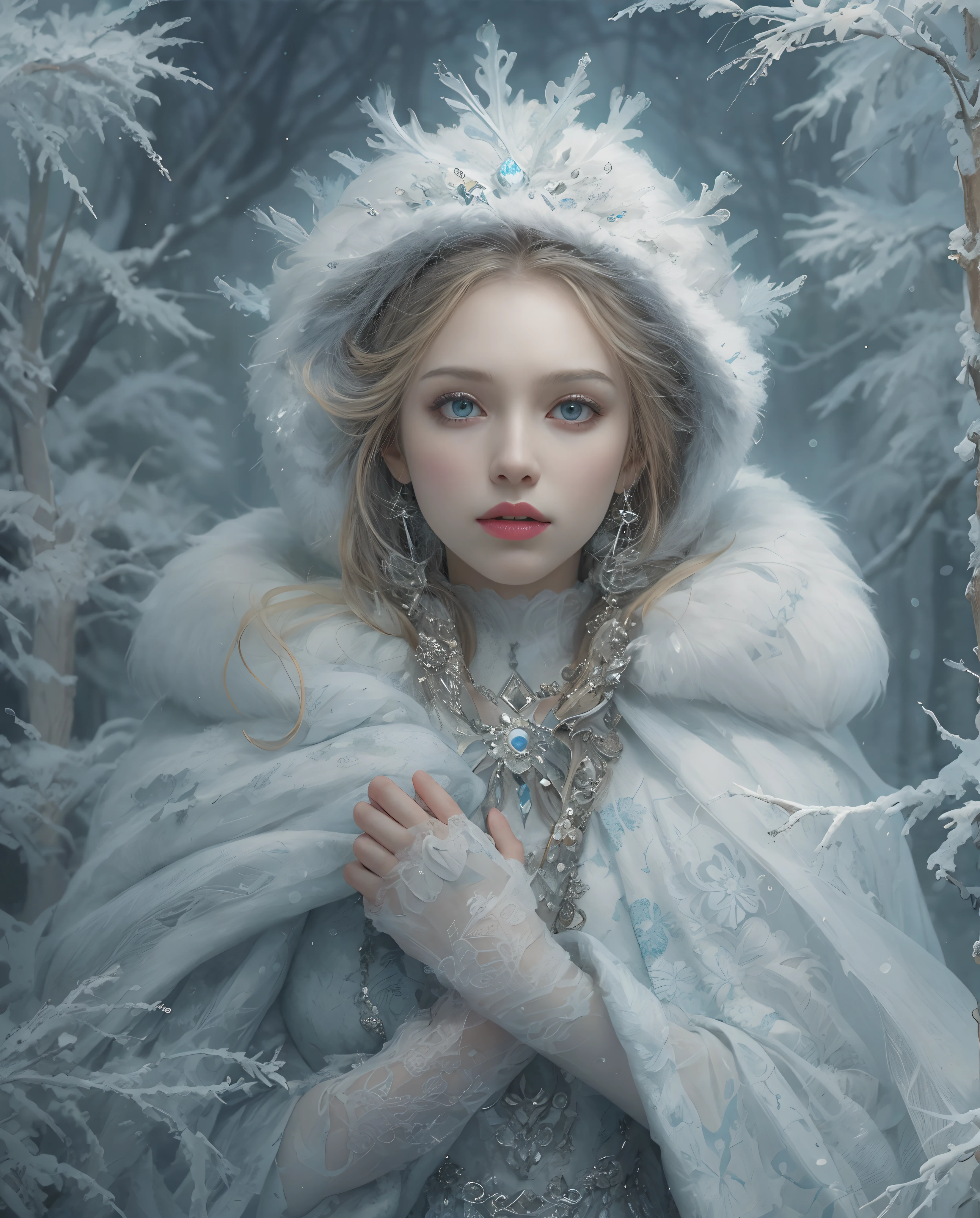 Best quality, masterpiece, meticulous details, intricate detail, realistic, mystical winter lady