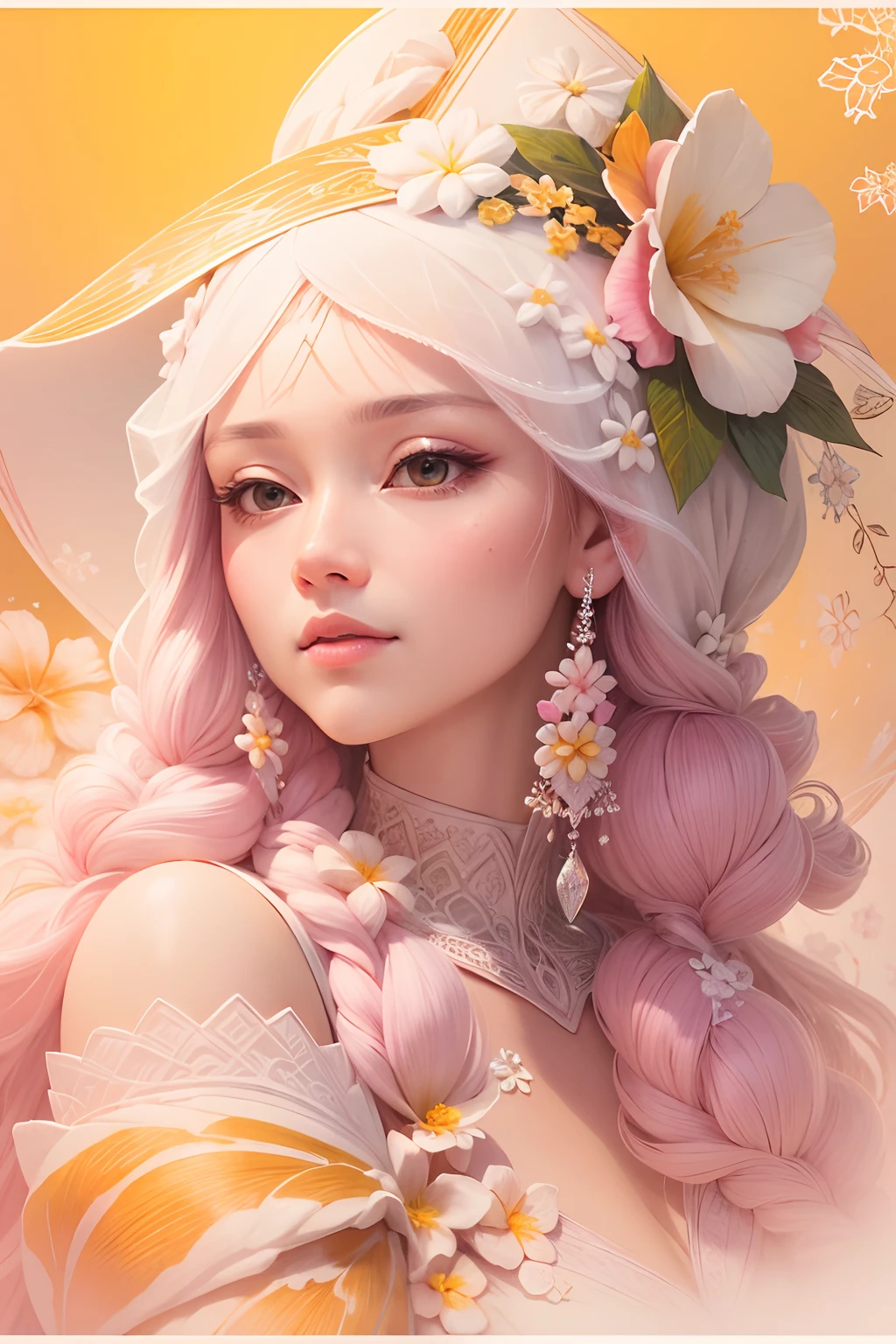 Beautiful detailed frost frost frosty Hawaiian white orange yellow winter queen soft many pink Hawaiian flowers hyperdetailed portrait 8k Leonardo da Vinci