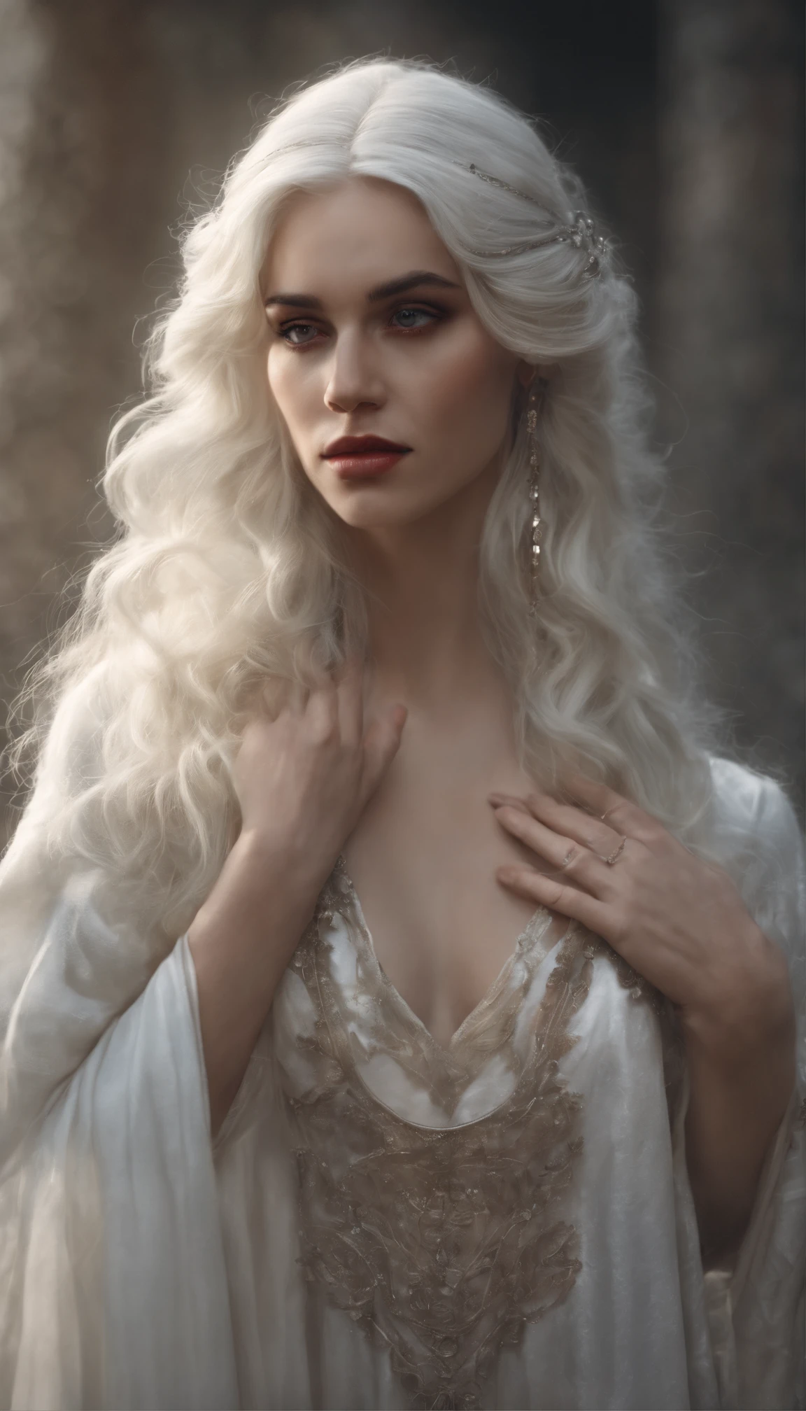 White-haired animated girl, Blindfold in a red dress, Gray-haired god, cradling hands, DOA, Unreal fantasy, Guwitz, Fantasy art style, White mask, beautiful fantasy maiden, White-eyed girl, Beautiful girl, gray-haired girl, Delicate white eyes, Guvitz-style artwork, beautiful fantasy art.