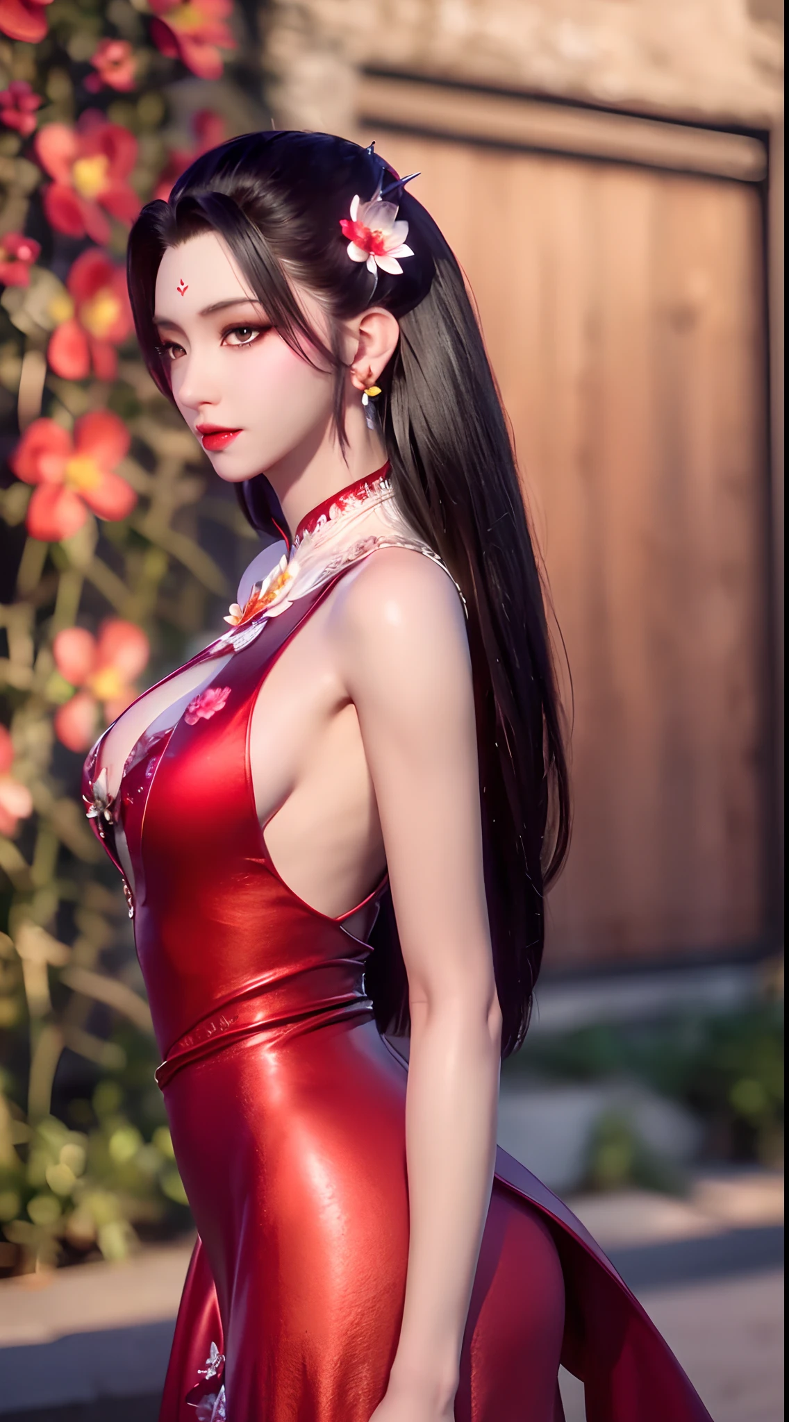 A beautiful and sexy 20 year old girl, ((wearing a super thin red dress:1.8)), a dress with diamonds, ((long platinum hair:1.6)), bangs, jewelry elaborately made from precious stones and beautiful hair, ((wearing a black lace necklace:1.4))), the noble, noble style of an extremely beautiful girl, her small face is super cute, her face is very pretty, thin eyebrows, flawless beautiful face, ((black eye pupils: 0.8)), very beautiful eyes, ((light red eyes: 1.5)), nice makeup and hair detailed eyelashes, steamy eye makeup, high nose, earrings, red lips, ((closed mouth: 1;5 )) beautiful lips, slim hands, most beautiful thighs, ((arms spread out to the sides: 1.5) ), rosy face, clean face, flawless beautiful face, smooth white skin, (big breasts: 1.5)), ((high breasts: 1.6) ), tight breasts, beautiful cleavage, (((big breasts and super round: 1.8))), ((super tight breasts: 1.7)) , beautiful breasts, back arms, chest out, thin black mesh stockings with black lace trim, 8k photo, super high quality, super realistic, super 10x pixels, optical, bright studio, bright edges, dual-tone lighting, (high-detail skin:1.2), super 8k, soft lighting, high quality, volumetric lighting, photorealistic, photorealistic high resolution, lighting, best photo, 4k, 8k quality, blur effect, smooth sharp, 10 x pixel, ((red flower background:1.7)), aurora, lightning, super graphics realistic, most realistic graphics, alone, solo, Extremely sharp image, surreal, girl's upper body, (((frontal portrait: 1.6)))."
