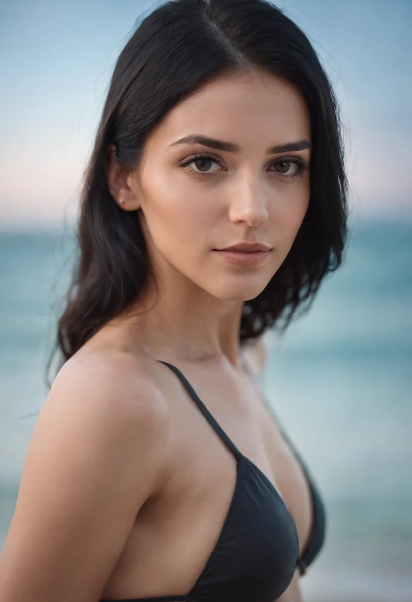 girl black hair athletic body in swimsuit