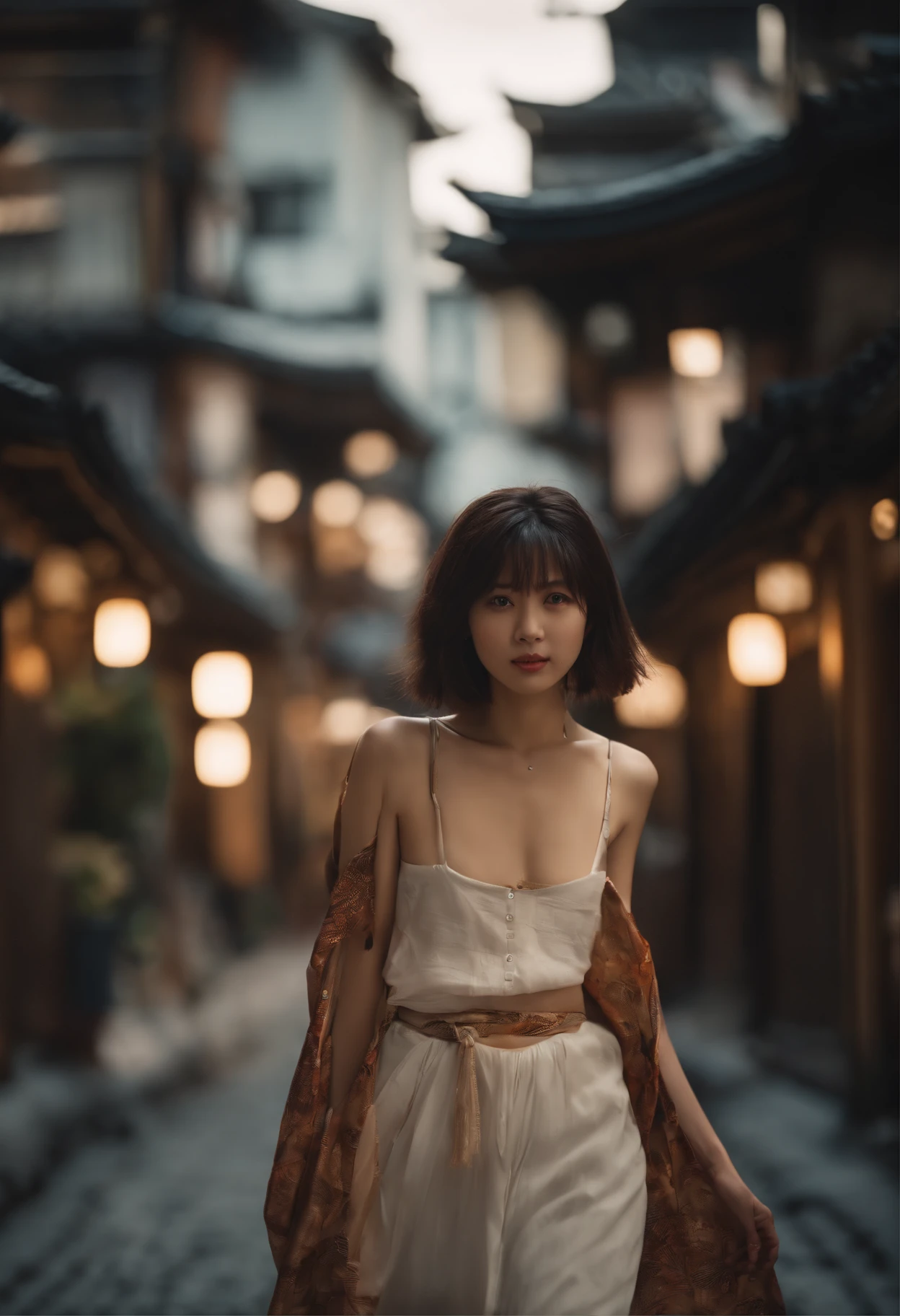 full bodyesbian, Wear colorful kimonos, -yeld gi 17-year-o Jase pee girl on a d city street, Dark and creepy streets, Petite girl, There is a chest, Petite figure, Short brown hair, Exposing the abdomen, midriff exposed, small tits, ((Big breasts Thin waist)), a small face，Barefoot，Naked