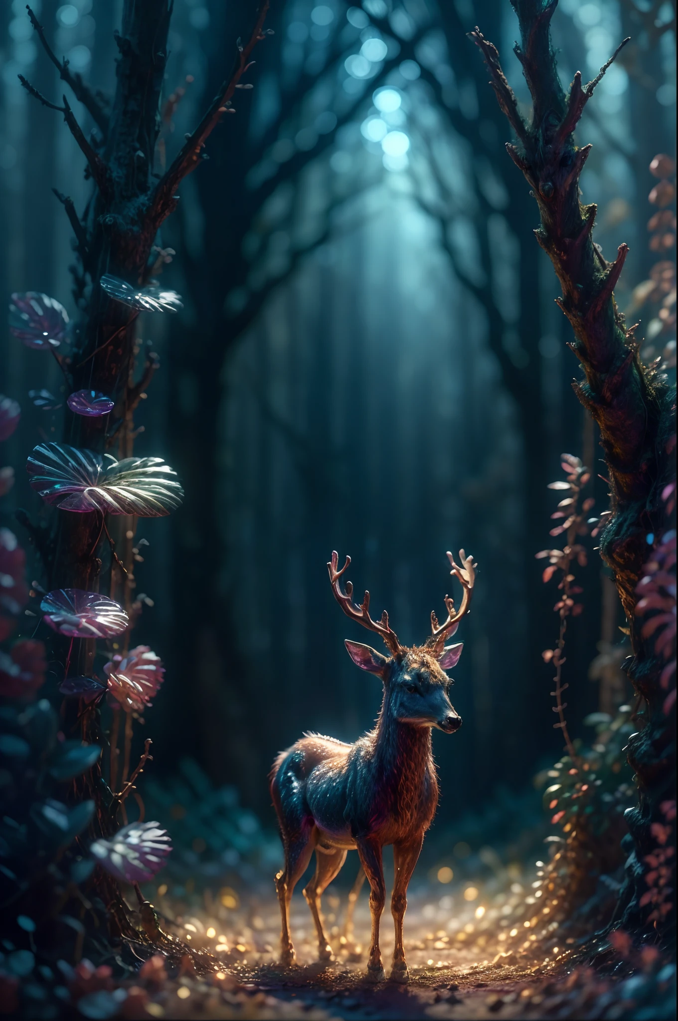 A deer stands in the forest, forest spirit, magical forest, god of the forest, Majestic atmosphere, 8K Digital Art, digital art fantasy, A big deer emitting light from the inside., The presence of translucency, Spiritual dwelling , Fantastic jungle, The horns of the moose are large and sharp, Like a knife, And the horns are made of quartz,X-ray