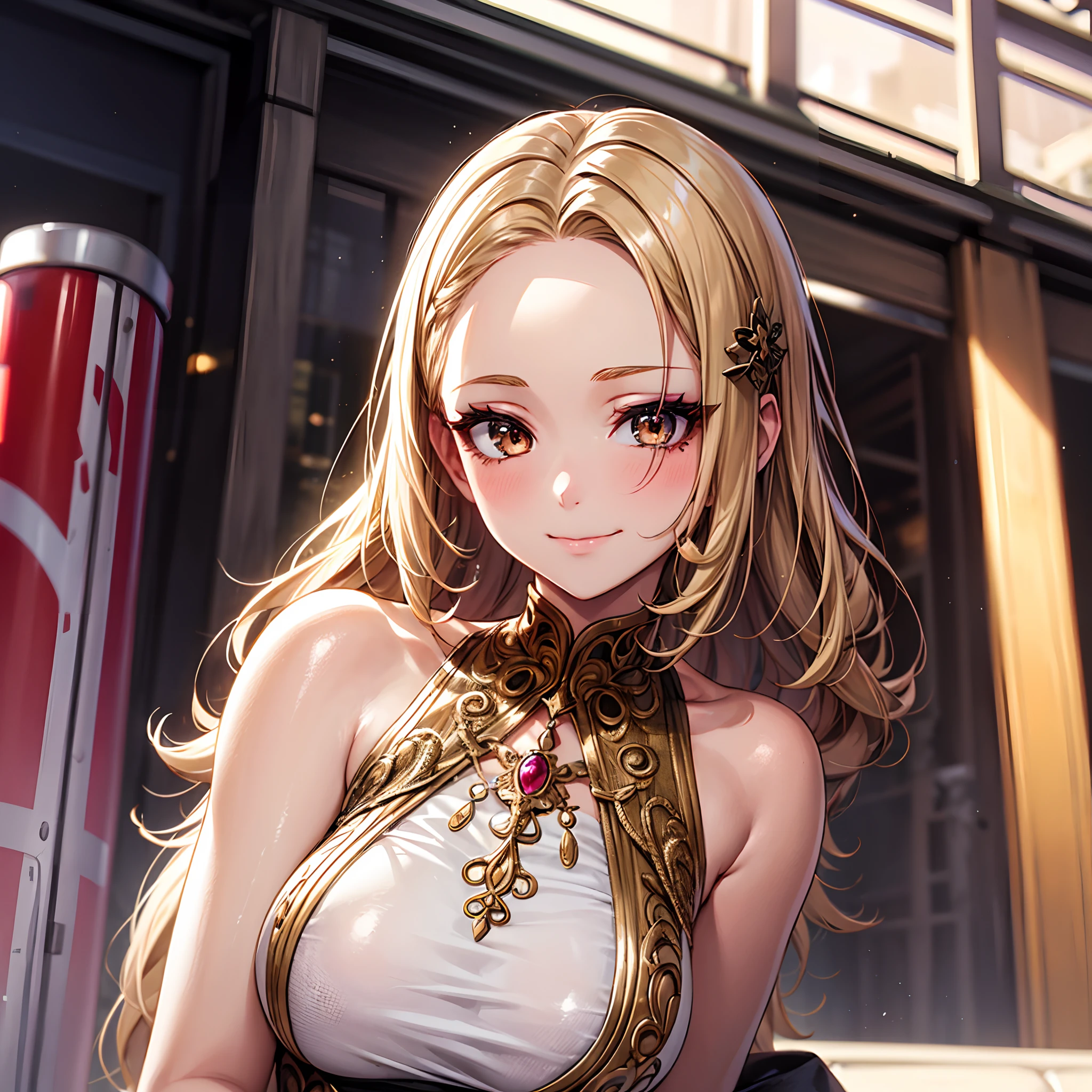 1girl, solo, upper body, extreamly long eyelashes, extreamly thick eyeliner, mascara, extreamly deep eyeshadow, smug, blonde, parted bangs, shiny forehead, hair intakes, hair ornament, curly hair, tube dress, simple background, masterpiece, official, best quality, high resolution, all intricate,