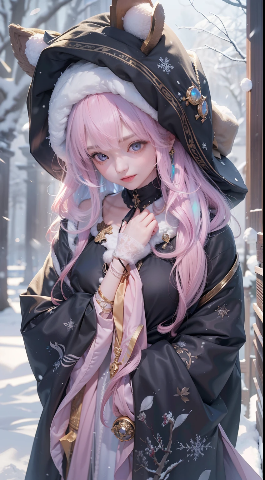 Works of masters,Best image quality,超高分辨率,8K分辨率,first person perspective,(full bodyesbian),s the perfect face,Glowing skin,Exquisite facial features,solo person,femele,ssmile,long whitr hair,Pink hair,crossed bangs,Wave head,Bracelet,Collar,pendant,ta costume,snowflower,Winters,Temple,New Year,Opal rendering,Cinematic lighting,Winter snow method