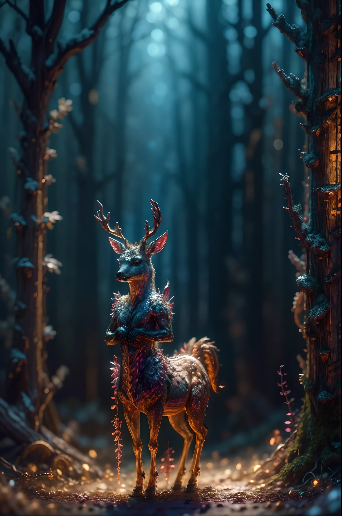 A deer stands in the forest, forest spirit, magical forest, god of the forest, Majestic atmosphere, 8K Digital Art, digital art fantasy, A big deer emitting light from the inside., The presence of translucency, Spiritual dwelling , Fantastic jungle, The horns of the moose are large and sharp, Like a knife, And the horns are made of quartz,X-ray