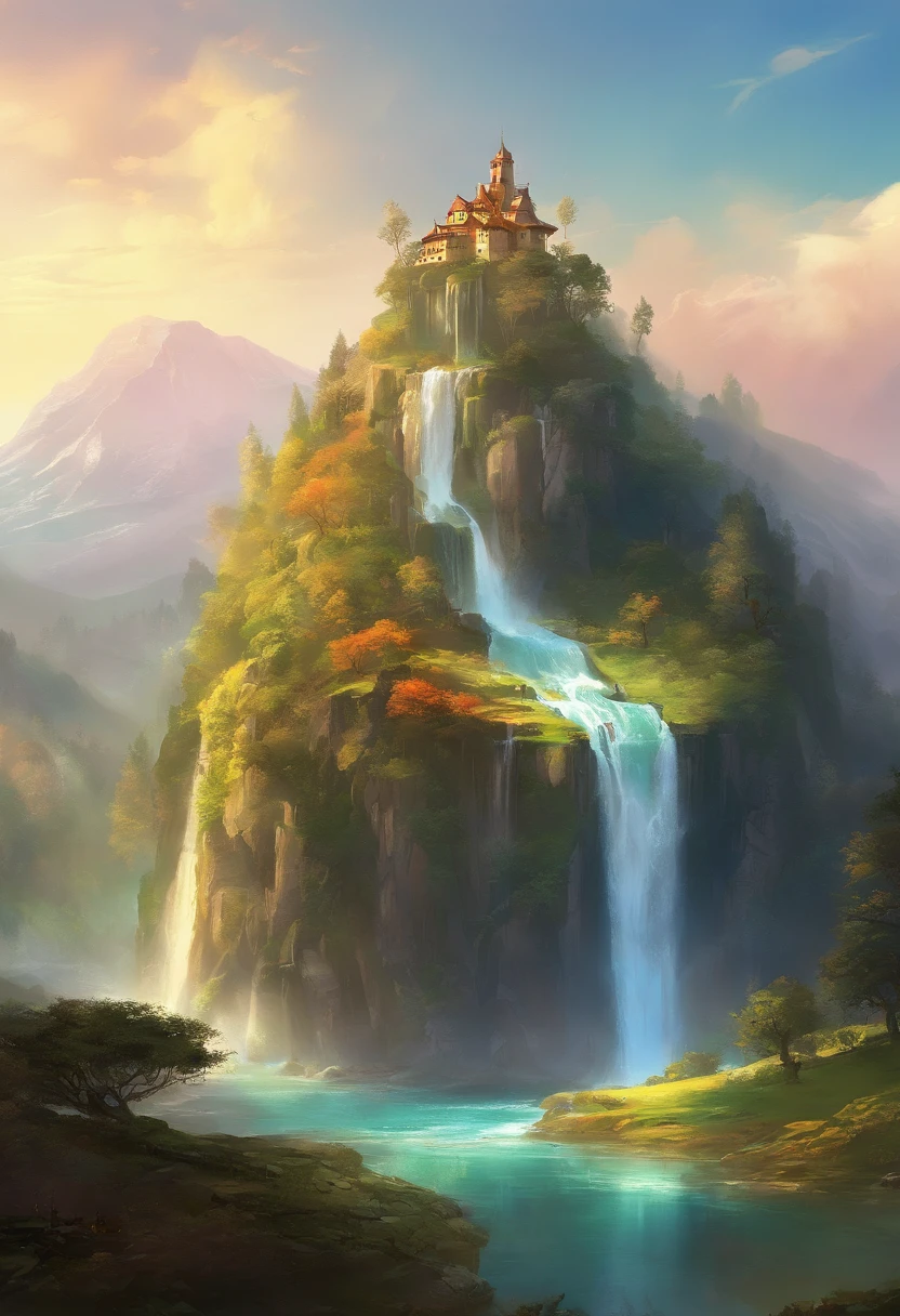 painting of a waterfall in a mountainous area with a house on the top, vertical wallpaper, 4 k vertical wallpaper, 4k vertical wallpaper, 8 k vertical wallpaper, 8k vertical wallpaper, ross tran. scenic background, beautiful mattepainting, 4 k matte painting, detailed scenery —width 672, beautiful iphone wallpaper, avatar landscape, inspired by Raphael Lacoste
