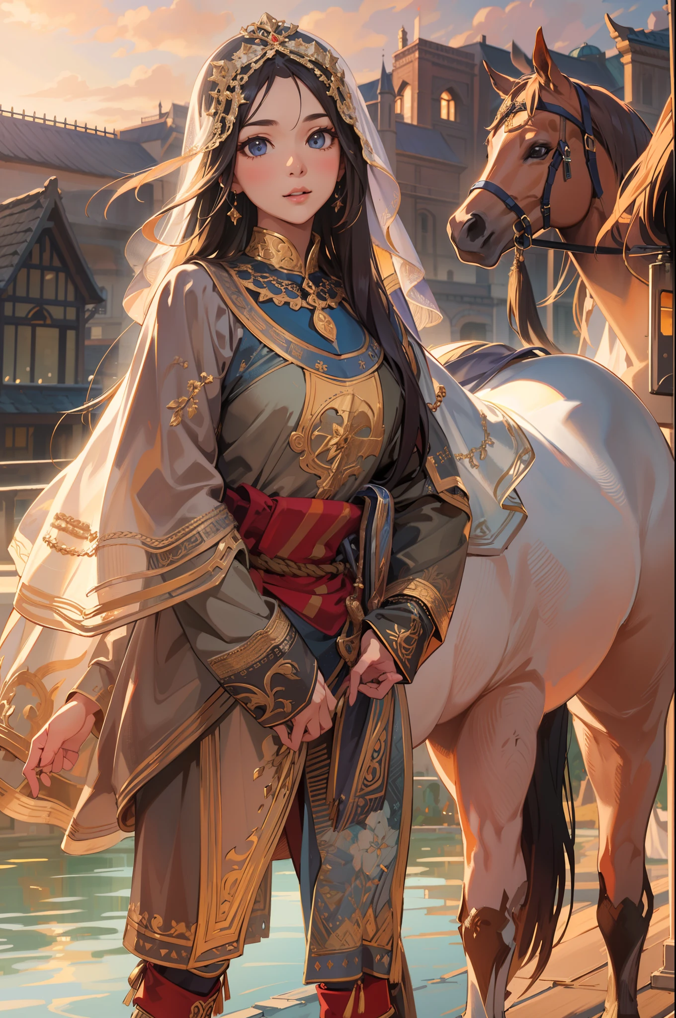 Medieval Central Asian national costume,Cityscape of Medieval Central Asia,One horse and one girl,Dynamic horses,Undulating lakes,(4K), (Raw photo: 1.2), (Realism: 1.4), (masutepiece: 1.3), (exquisite detailing: 1.2), Delicate and beautiful details, (Eye Detail), (Facial Detailed), (Highest Quality) :1.4), (Hyper-Resolution: 1.2),(very detailed illustration), Best Quality, depth of fields, Wide light, natural shadows