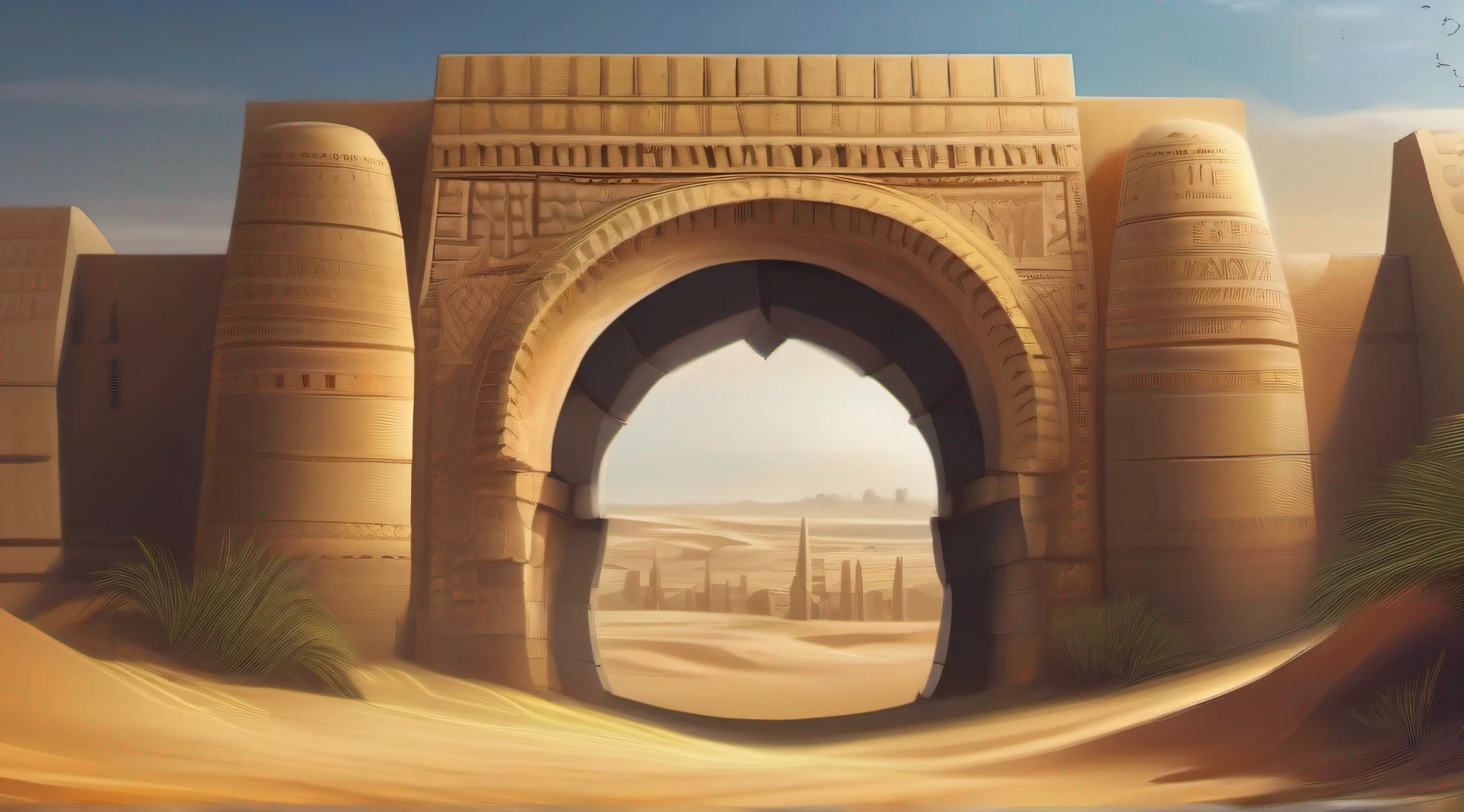 A masonry arch in the desert and in the distance the ancient city of Timbuktu