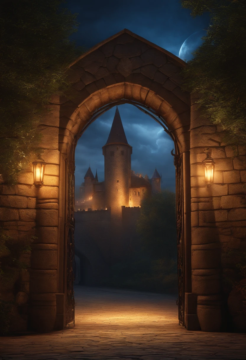 Medieval Academy, large gate, Scenes, Light particles, with light glowing, Mshiv, wallpaper art, UHD wallpaper