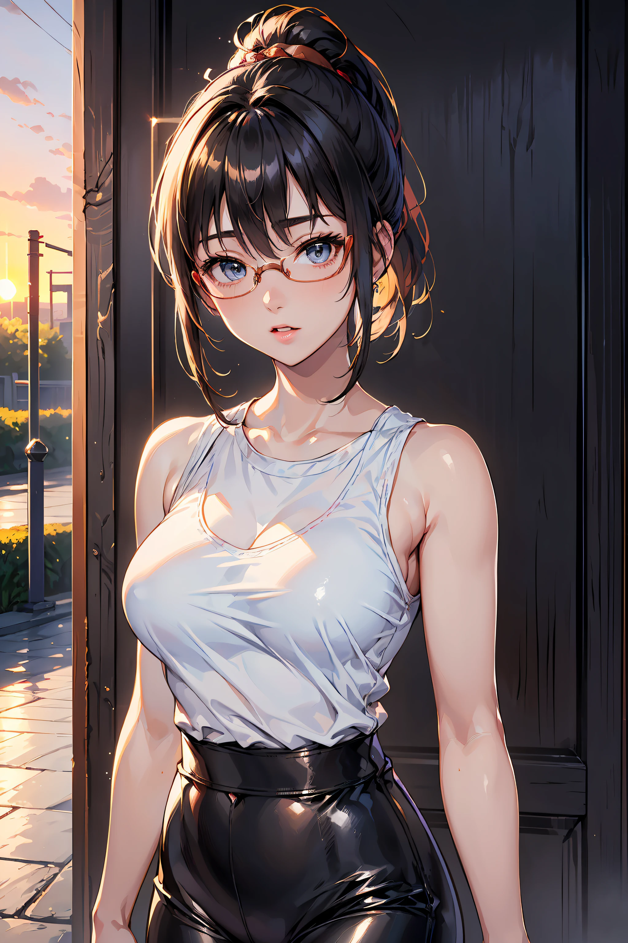 (1glasses girl:1.3, solo), (Audrey Hepburn:1.3), (a extremely pretty and beautiful Japanese woman), (sexy girl), (professional attire:1.3), (22 years old: 1.1), (walking on red carpet:1.3), (attractive random posing:1.3), (in the sunset royal garden:1.3), (looking straight at you:1.3), (starring at you:1.3), (front view:1.3), break, (ponytail:1.3), (shiny-black thin hair:1.2), bangs, dark brown eyes, beautiful eyes, princess eyes, (big eyes:1.3), bangs, wearing a glasses:1.3, Hair between eyes, short hair:1.3, (slender:1.1), (small-medium-breasts:0.95), (thin waist: 1.15), (detailed beautiful girl: 1.4), Parted lips, Red lips, full-make-up face, (shiny skin), ((Perfect Female Body)), (upper body image:1.3), Perfect Anatomy, Perfect Proportions, (most beautiful Korean actress face:1.3, extremely cute and beautiful Japanese actress face:1.3), BREAK, (View viewer, wearing a lovely bitch cordinate, (insanely detailed white cotton tanktop:1.3), (red copper leather skin pants:1.3), (pin-heels:1.3), detailed clothes, BREAK, (detailed royal sunset colorful lots of cosmos field background:1.2), (splash playing blue butterflies background:1.2), (Studio soft lighting: 1.3), (fake lights: 1.3), (backlight: 1.3), BREAK, (Realistic, Photorealistic: 1.37), (Masterpiece, Best Quality: 1.2), (Ultra High Resolution: 1.2), (RAW Photo: 1.2), (Sharp Focus: 1.3), (Face Focus: 1.2), (Ultra Detailed CG Unified 8k Wallpaper: 1.2), (Beautiful Skin: 1.2), (pale Skin: 1.3), (Hyper Sharp Focus: 1.5), (Ultra Sharp Focus: 1.5), (Beautiful pretty face: 1.3), (super detailed background, detail background: 1.3), Ultra Realistic Photo, Hyper Sharp Image, Hyper Detail Image,