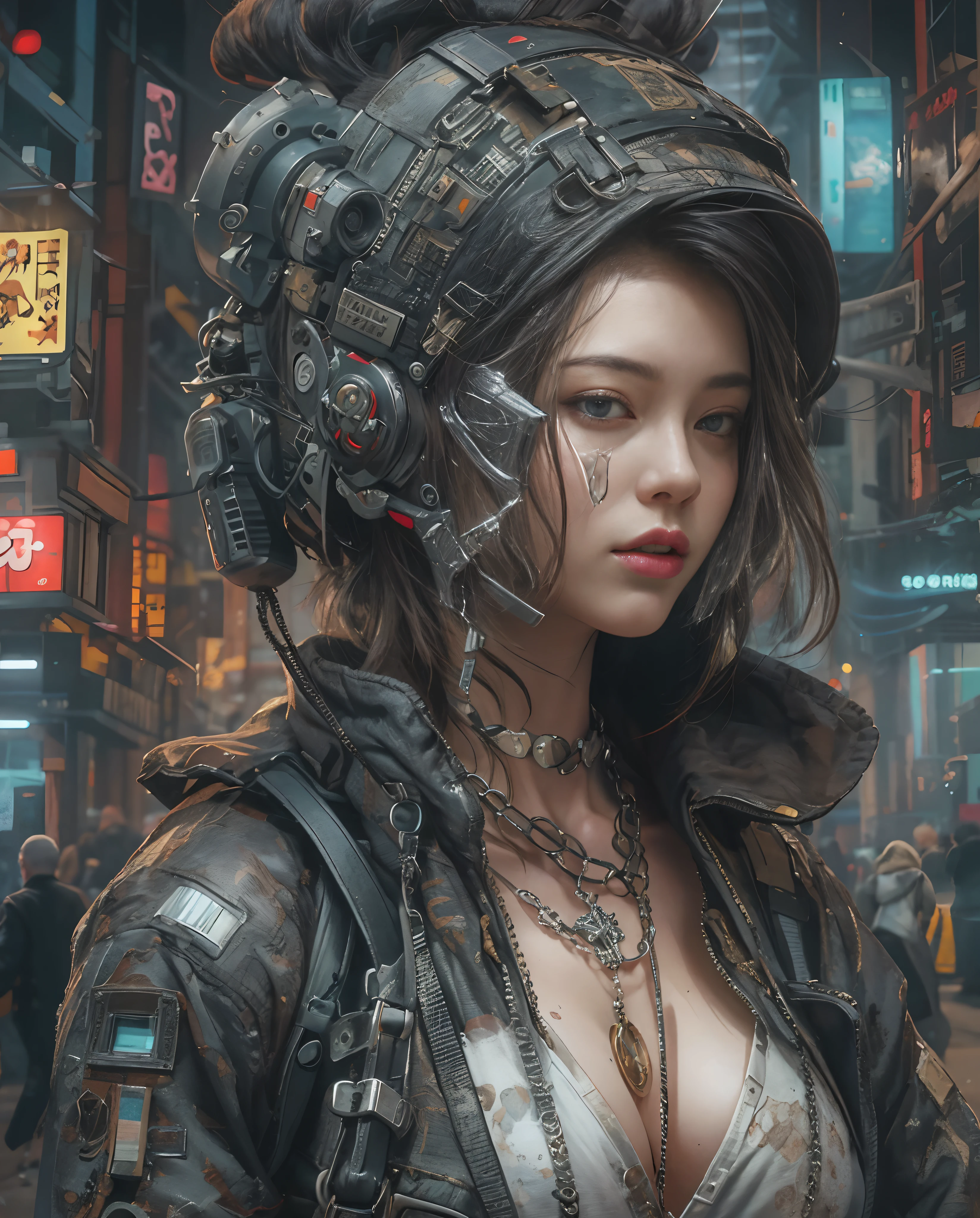 Best quality, masterpiece, meticulous details, intricate detail, realistic, a cyberpunk street fashion lady
