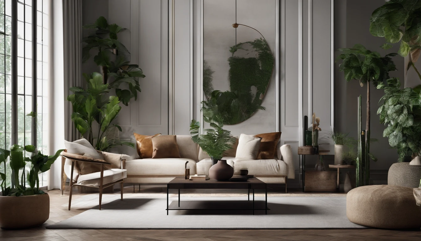 You are a famous interior designer,I was asked to create a 3D image of a modern large-scale research. Create a harmonious environment with modern and minimalist furniture. Contains several houseplants,Make it look fresher.