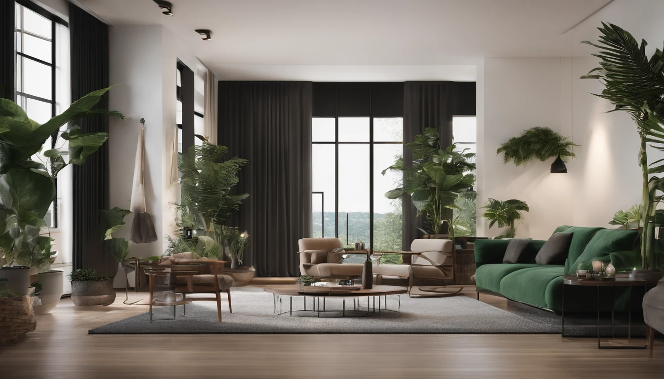 You are a famous interior designer，I was asked to create a 3D image of a modern large-scale research. Create a harmonious environment with modern and minimalist furniture. Contains several houseplants，Make it look fresher.