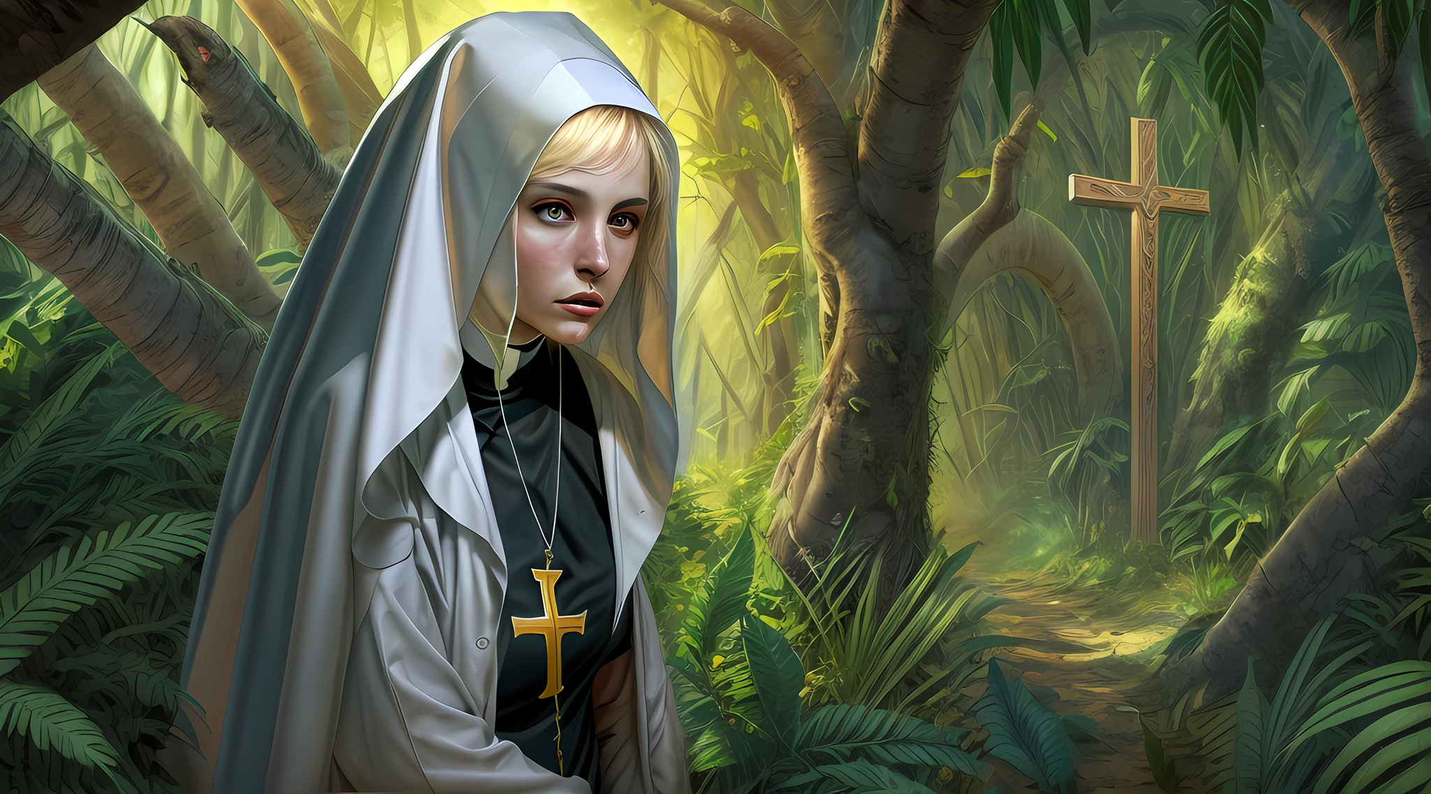fantasy art, RPG art, a picture of a catholic nun getting lost in the jungle, a woman nun, wearing nun habit, dynamic colors nun habit, full body, (an exquisite beautiful: 1.3), (best detailed face: 1.4), blond hair, short hair, dynamic eyes color, holding the cross, praying, lost sense of confusion and lost, yet god is with her, divine light coming through the trees, jungle trees, (a snake: 1.1) lurking by, high details, fantasy art, RPG art best quality, 16k, ultra detailed, masterpiece, best quality, (ultra detailed), full body, ultra wide shot, photorealistic, modelshoot style