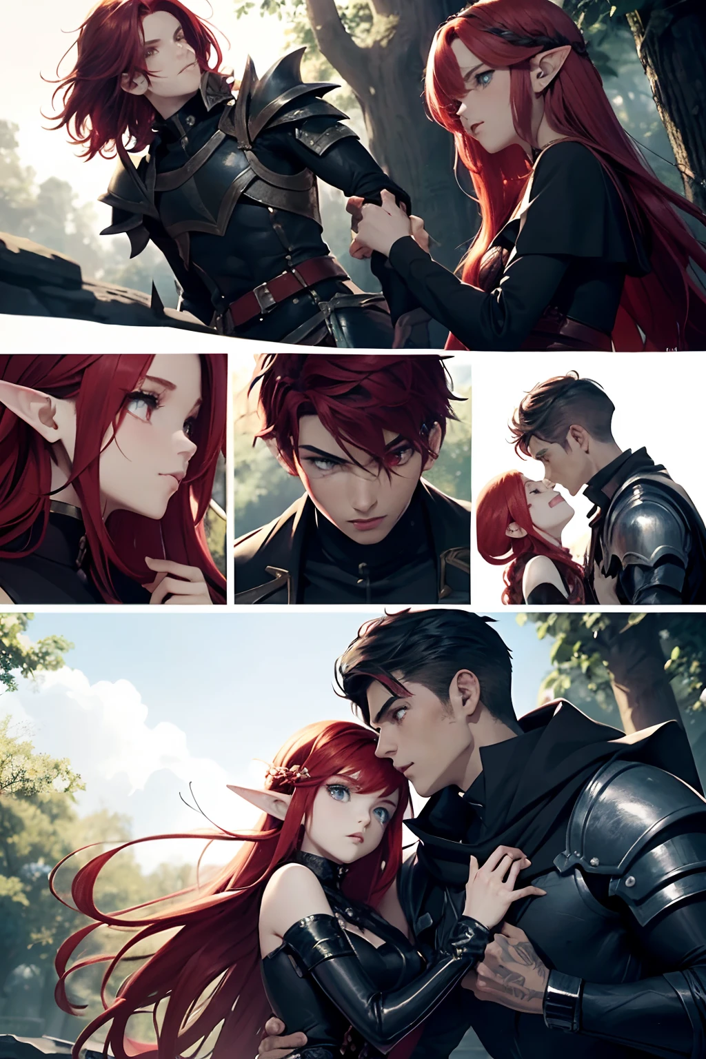 2others, couple, 1boy with 1girl, (Height difference1.3), (elf boy with (different hair color)), (daemon-like girl with (red hair and dark skin)), (boy fighting girl:1.25), (girl fighting boy), full body, knight and Daemon lord, fantasy, detailed, enchanted dark forest, dark fairy tale