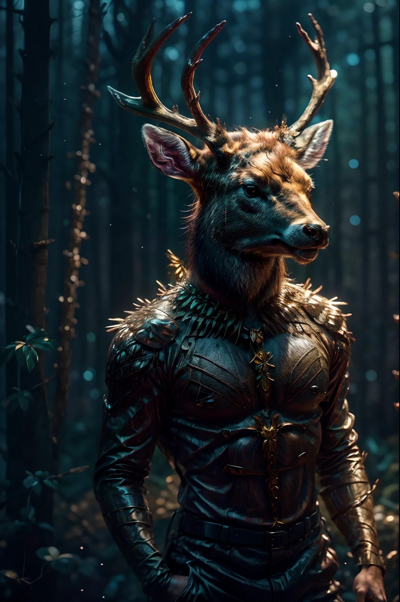 A deer stands in the forest, forest spirit, magical forest, god of the forest, Majestic atmosphere, 8K Digital Art, digital art fantasy, A big deer emitting light from the inside., The presence of translucency, Spiritual dwelling , Fantastic jungle, The horns of the moose are large and sharp, Like a knife, And the horns are made of quartz,X-ray