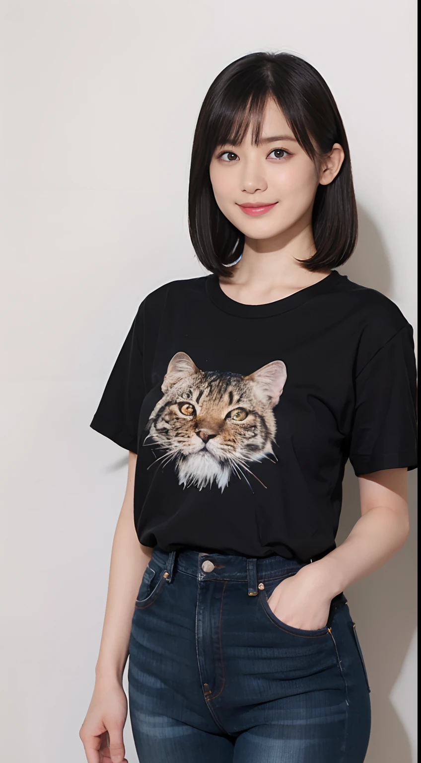 ((1womanl)), (((Black shorthair))), (masuter piece:1,3)、top-quality、masterpiece、hight resolution、Original、highly detailed wallpaper、jeans、Large ribbon, (A slight smil)、a small face、((Breast bulge))、(Graphic T-shirt with animal characters printed)、(Light on Face)、Live-action style, Beautiful facial features, darkened room, full-shot, full length