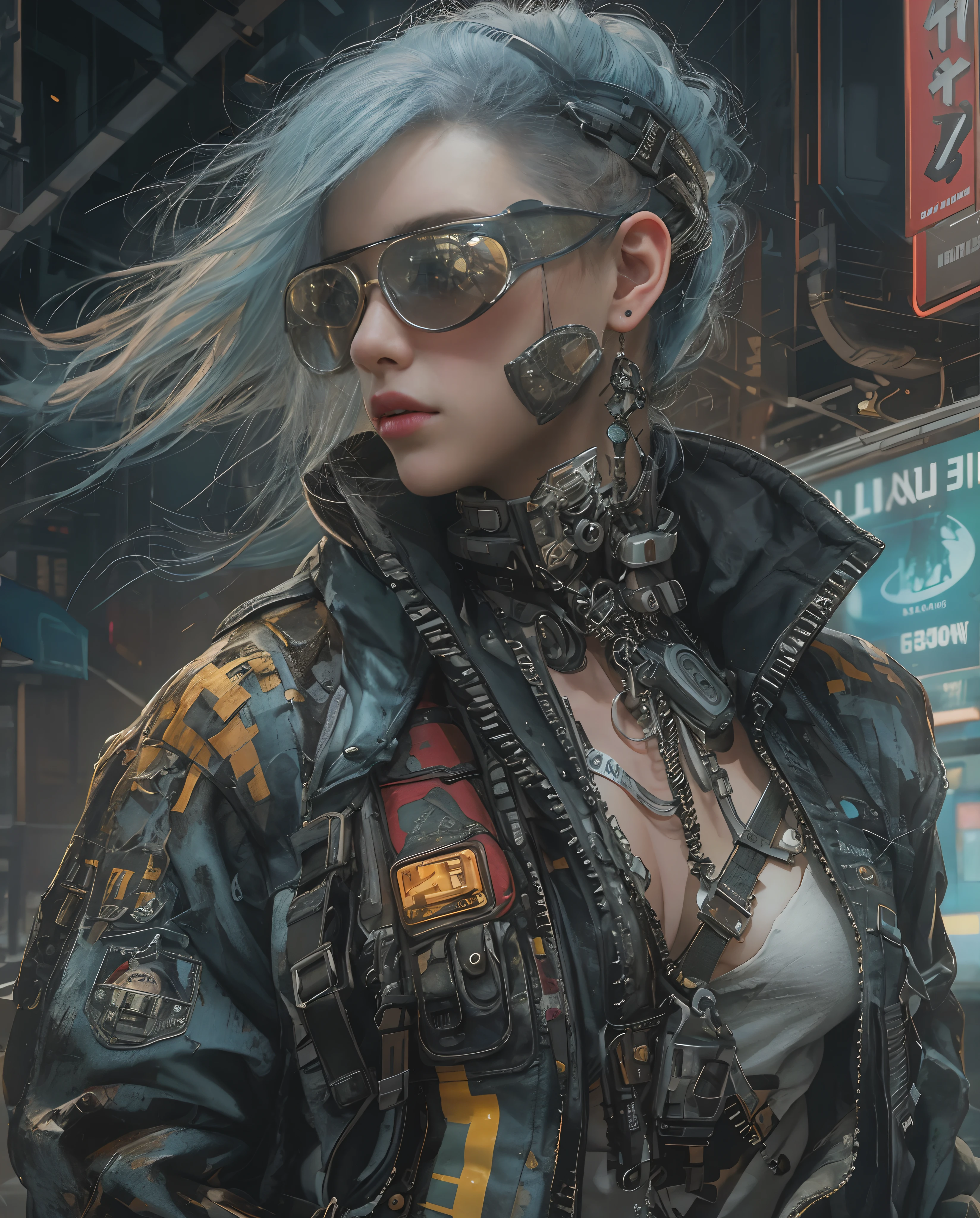 Best quality, masterpiece, meticulous details, intricate detail, realistic, a cyberpunk street fashion lady