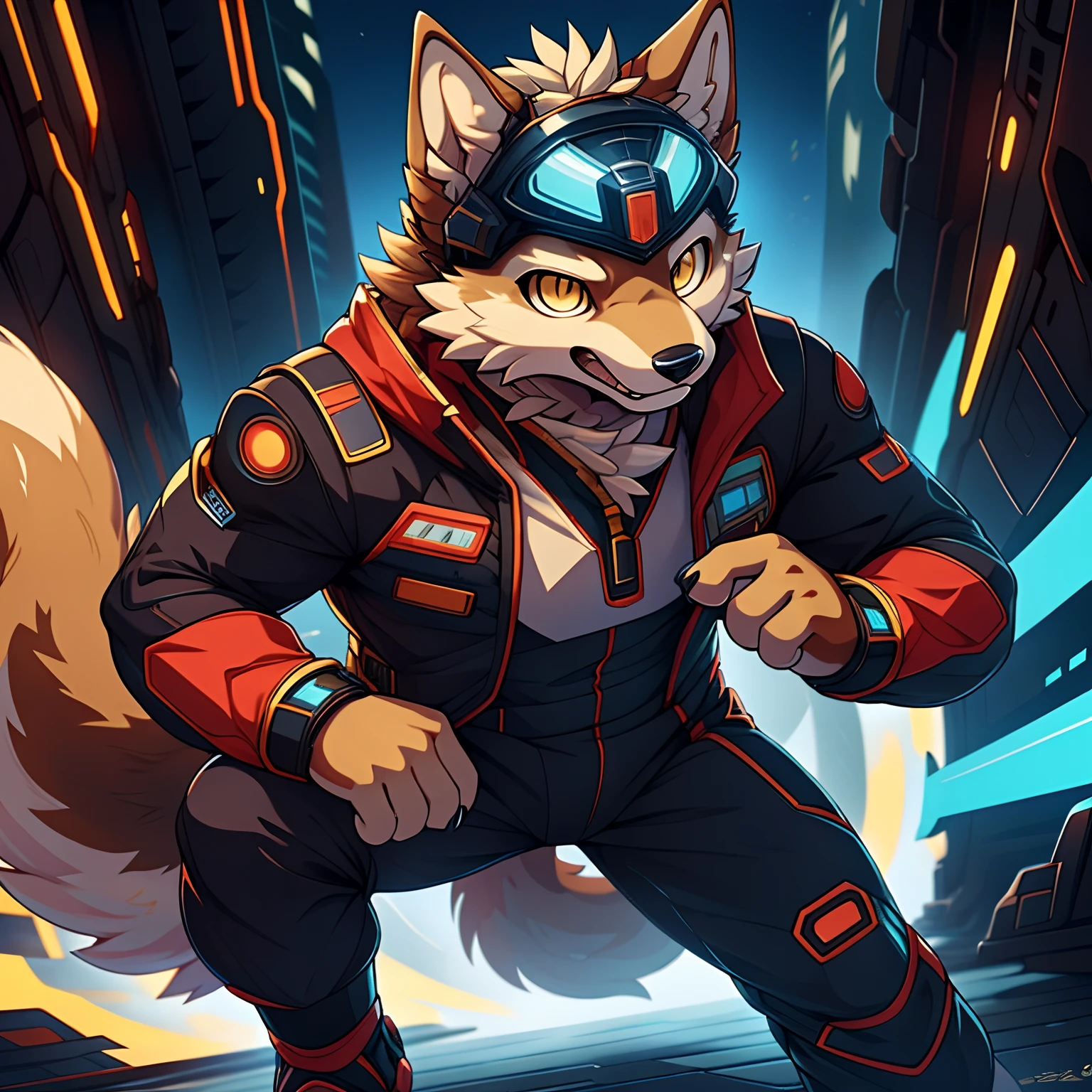 Furry，shaggy，Brown fur，male people，canid，Brown wolf，solo person，Brown-skinned， Golden eyes，tightsuit，cyber punk perssonage，combat helmet，super heroes，ultra - detailed：1.0，The expression is serious，Portals