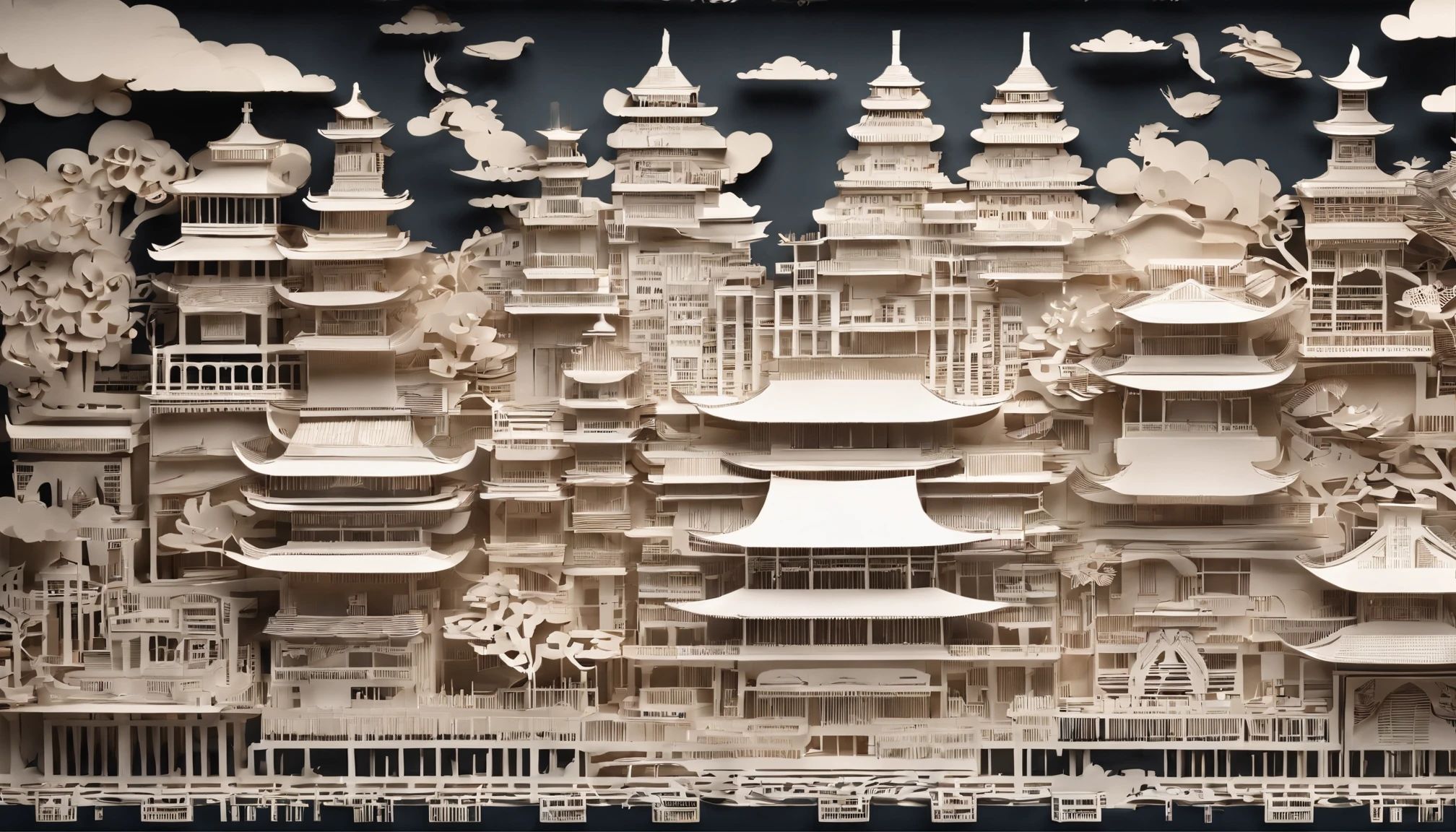arte em papel cortado,Paper Cuttings style,A huge floating Chinese-style city hovers above the clouds,