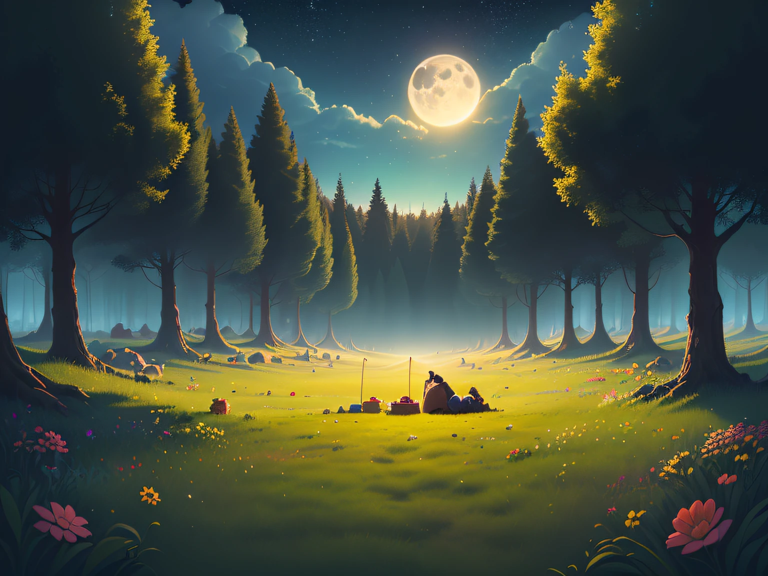 the night,Deep black sky,A full moon,The meadows were filled with food and fruit,Moonlight sprinkles on the grass