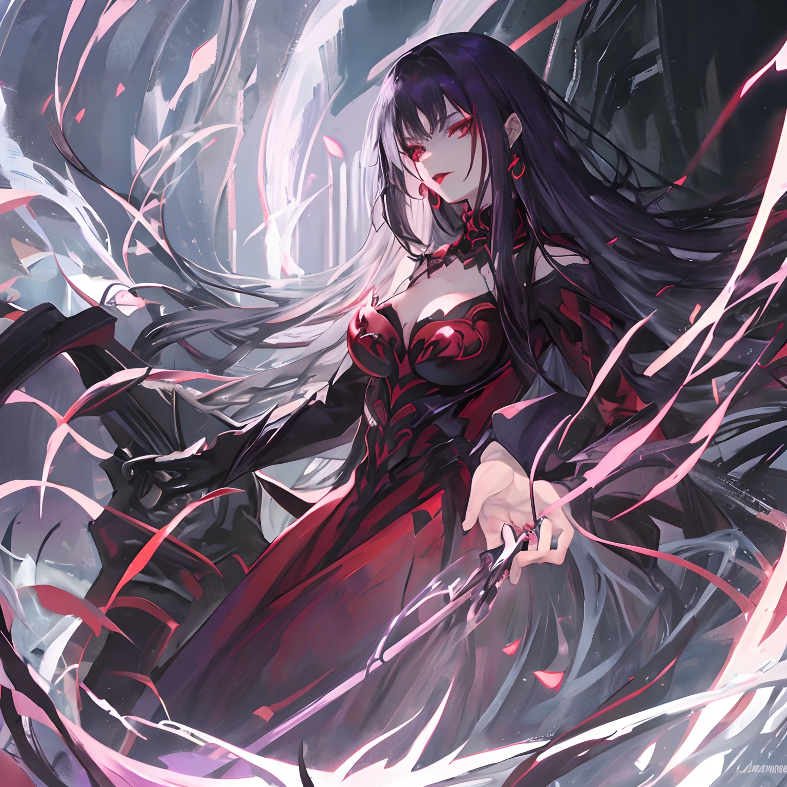 Woman, long dark purple hair, red eyes with a bright light, black long open dress, witch, silver jewelry in the shape of ribs, metal mask on half of the face, black lipstick