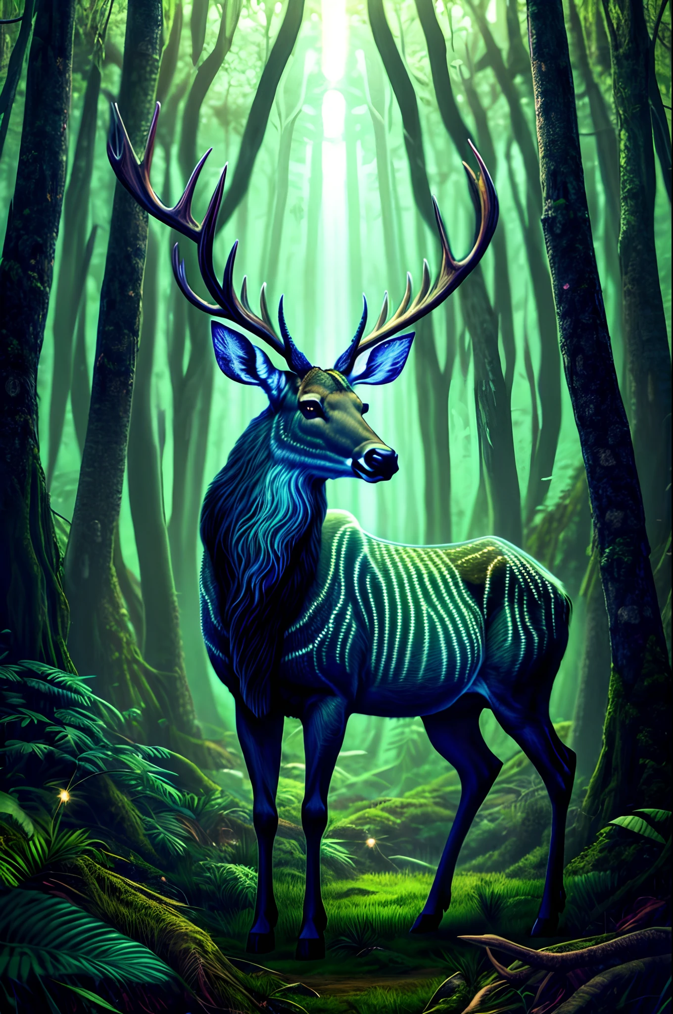 A deer stands in the forest, forest spirit, magical forest, god of the forest, Majestic atmosphere, 8K Digital Art, digital art fantasy, A big deer emitting light from the inside., The presence of translucency, Spiritual dwelling , Fantastic jungle, The horns of the moose are large and sharp, Like a knife, And the horns are made of quartz,X-ray