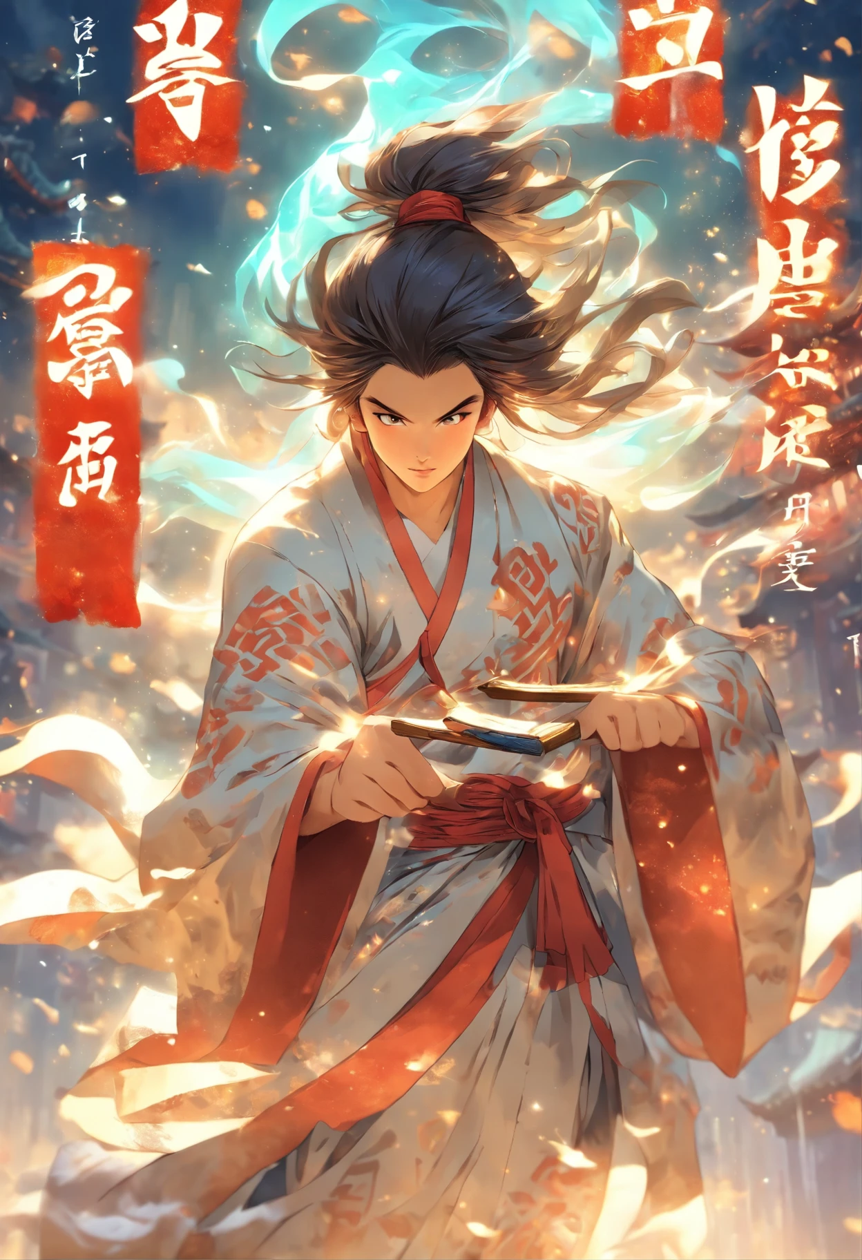 1boys,(((Solo))),full body,Young scholars of ancient China,(Hold the transparent illuminated scroll:1.5),(Transparent glowing kanji hovering in midair:1.6),(Transparent kanji background:1.5),Vertical text,glittery,Scholar in blue robes,Long flowing hair flutters in the wind,16k, hyper HD, high resolution, Very detailed, Best image quality,dynamicposes,(20 columns of Chinese characters:1.6),arranged in an orderly fashion