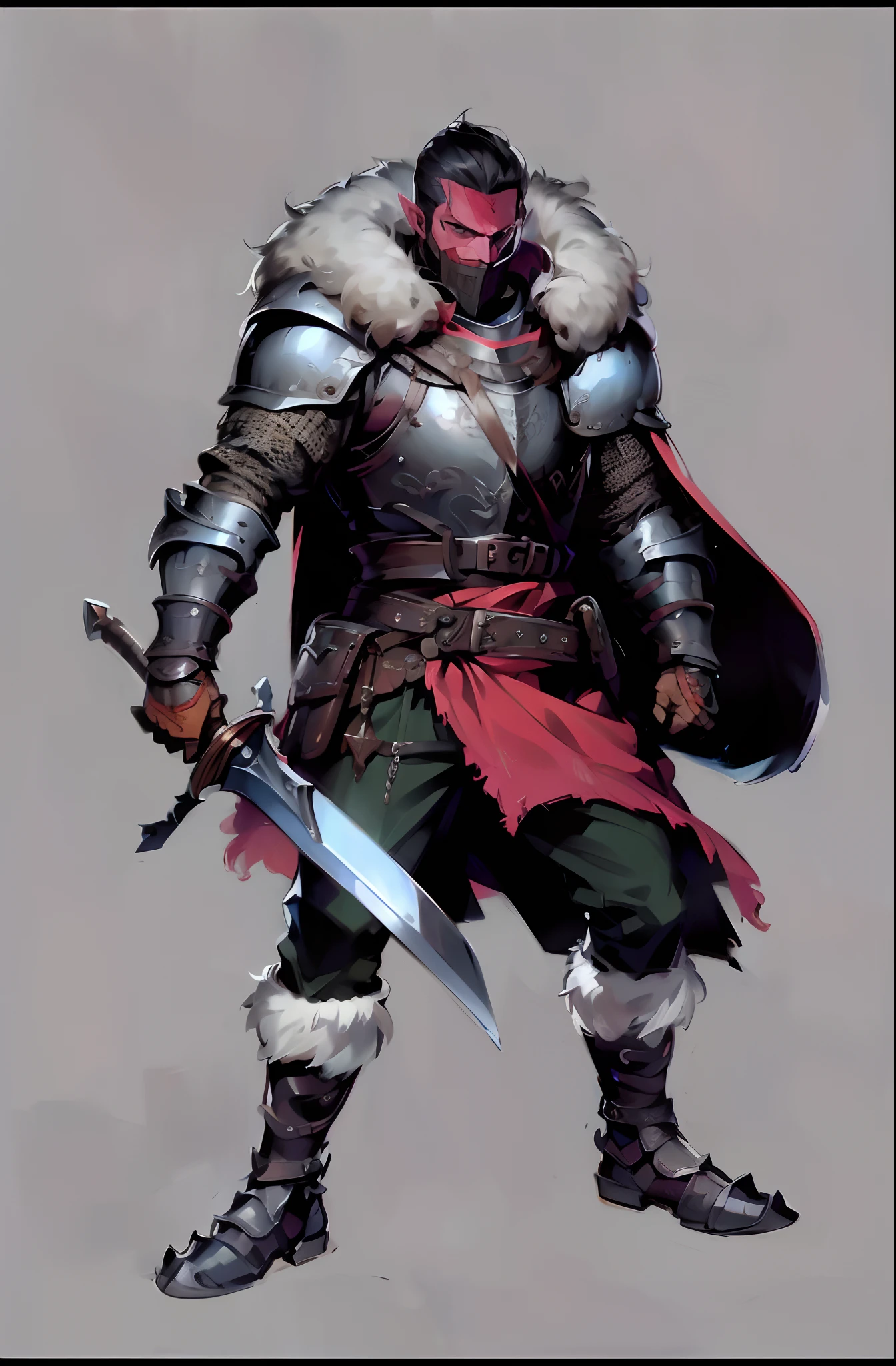 Hobgoblin warrior, (red skin:1.5), pointy elf ears, plate armor obscuring his and mouth, (red skin:1.5), shaved bald on the sides of head, with (([[greasy]] jet black hair) with a [long straight hair bang down the center], worn in a [1950's Greaser crop top:punk rock hairstyle:bushido samurai] hairstyle), Dungeons Dragons, medieval fantasy, paladin, sorcerer, rogue, wearing (cuirass, gorget, pauldron, couter, vambrace, gauntlets, cuisses, greaves, sabatons, poleyn, tasses, plackard, rerebrace, breastplate, faulds, scabbard, gardbrace), wearing (breastplate armor on chest, chainmail armor on arms, gauntlets, leather gloves, white wolf fur cloak around neck, tatterd cape, tattered robes, green pants, knee armor, studded leather around hips and knees, plate armor knee guards, (very point boots:1.2)), Game character design，Quaint and heavy armor wraps the entire body，epee，（full bodyesbian：1.4），depth of fields，high light，Real light，Ray traching，oc rendered，Hyper-realistic，best qualtiy，8K，Works of masters，super-fine，Detailed pubic hair，Correct anatomy，Bokeh，Facial features are carefully depicted, (comic style), (photorealistic:1.2), (fantasy art:1.2), cover art, masterpiece, (best quality:1.5), intricately detailed, highly detailed, (extremely detailed illustration), (extremely detailed CG unity 8k wallpaper), perfect lighting, perfect shading, amazing Depth of field, subsurface scattering, sharp details, 8k resolution, hires, high contrast, outlined, intense shadow, flat color, inked art, 2D, blank background, (full body:1.2), (1boy:1.5)