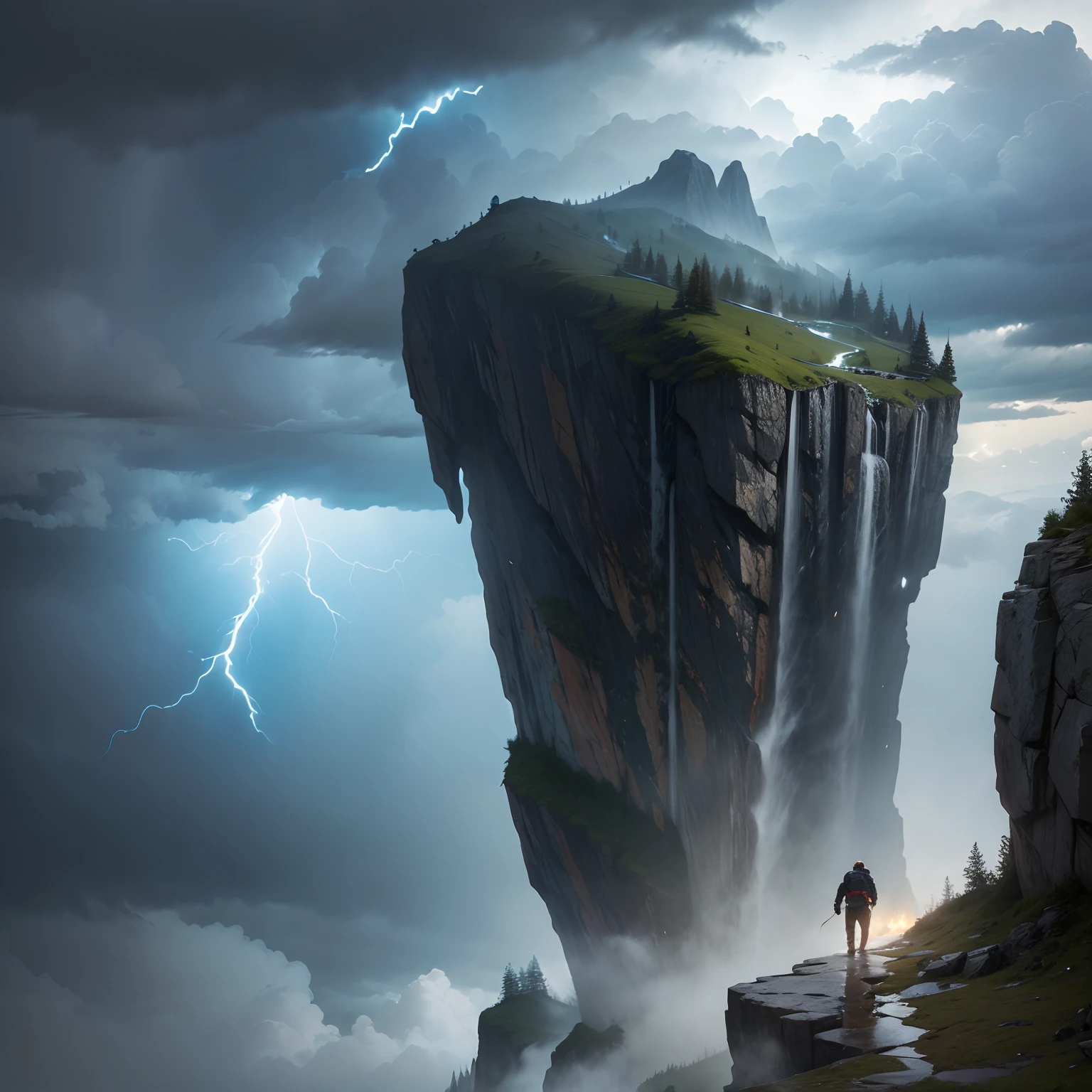 (Detailed)(Unrealistic) (Beautiful) (Real) Escaping the Thunderstorm Peril): In this scene, a stranded mountaineer finds himself caught in a fierce thunderstorm. As he was traversing the ridge of a mountain, sudden thunderclouds appeared, with thunder and lightning surrounding him. He frantically tries to seek shelter, climbing slippery rock faces to escape the threat of the thunderstorm. The deafening roar of thunder and the flashes of lightning can be heard from behind, intensifying the tension.