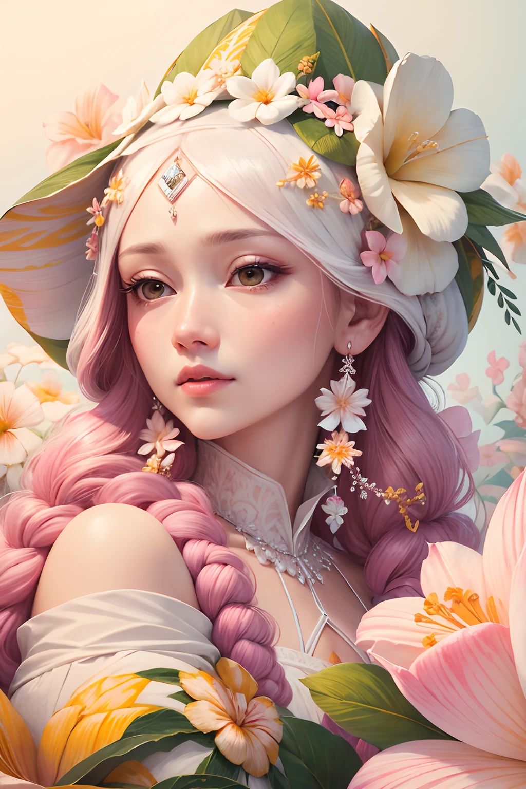 Porcelain woman with, pink hair with braids, lots of flowers on her head, white skin with heavy makeup extremely ghostly white, psychedelic flowers background, soft, dreamlike, surrealism, intricate details, 3D rendering, octane rendering. Nicoletta Ceccoli style.