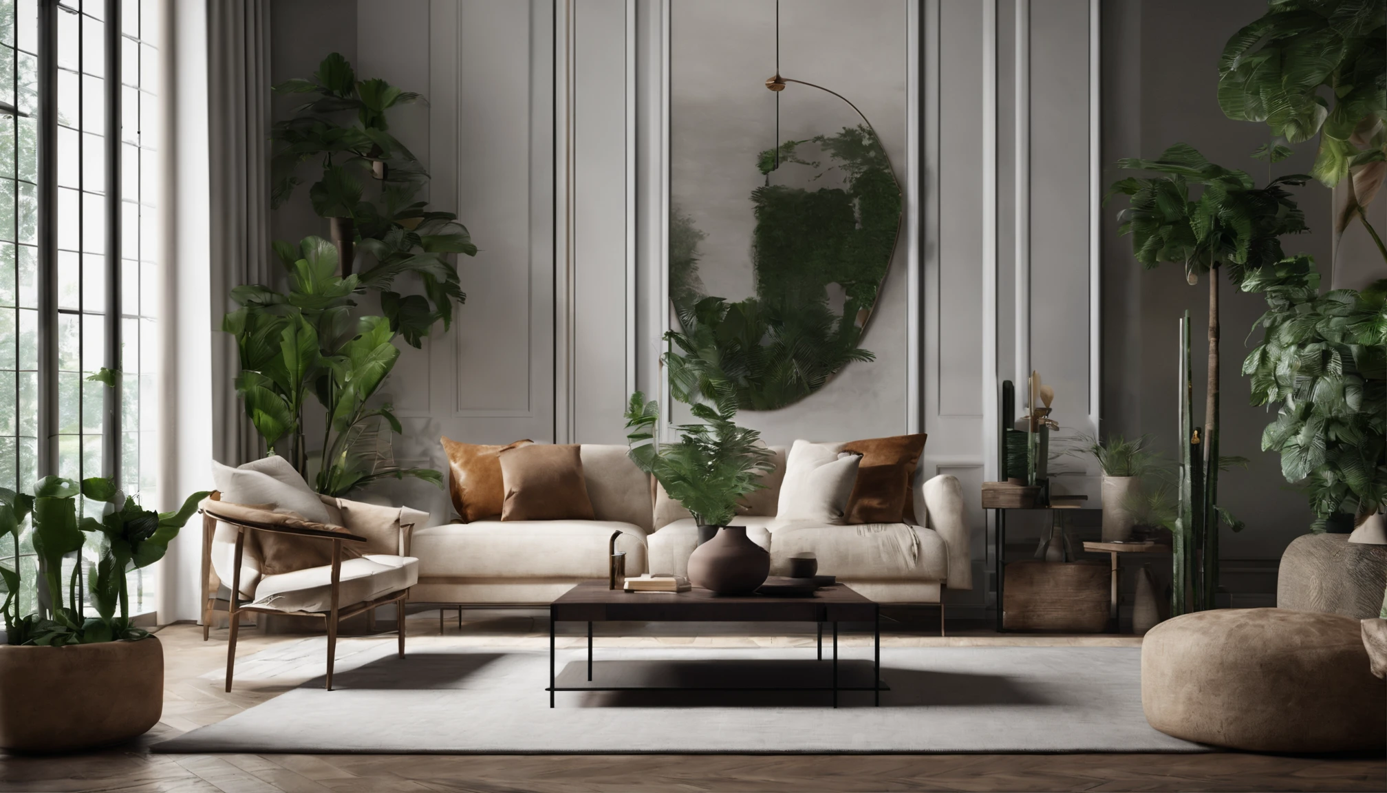 You are a famous interior designer,I was asked to create a 3D image of a modern large-scale research. Create a harmonious environment with modern and minimalist furniture. Contains several houseplants,Make it look fresher.