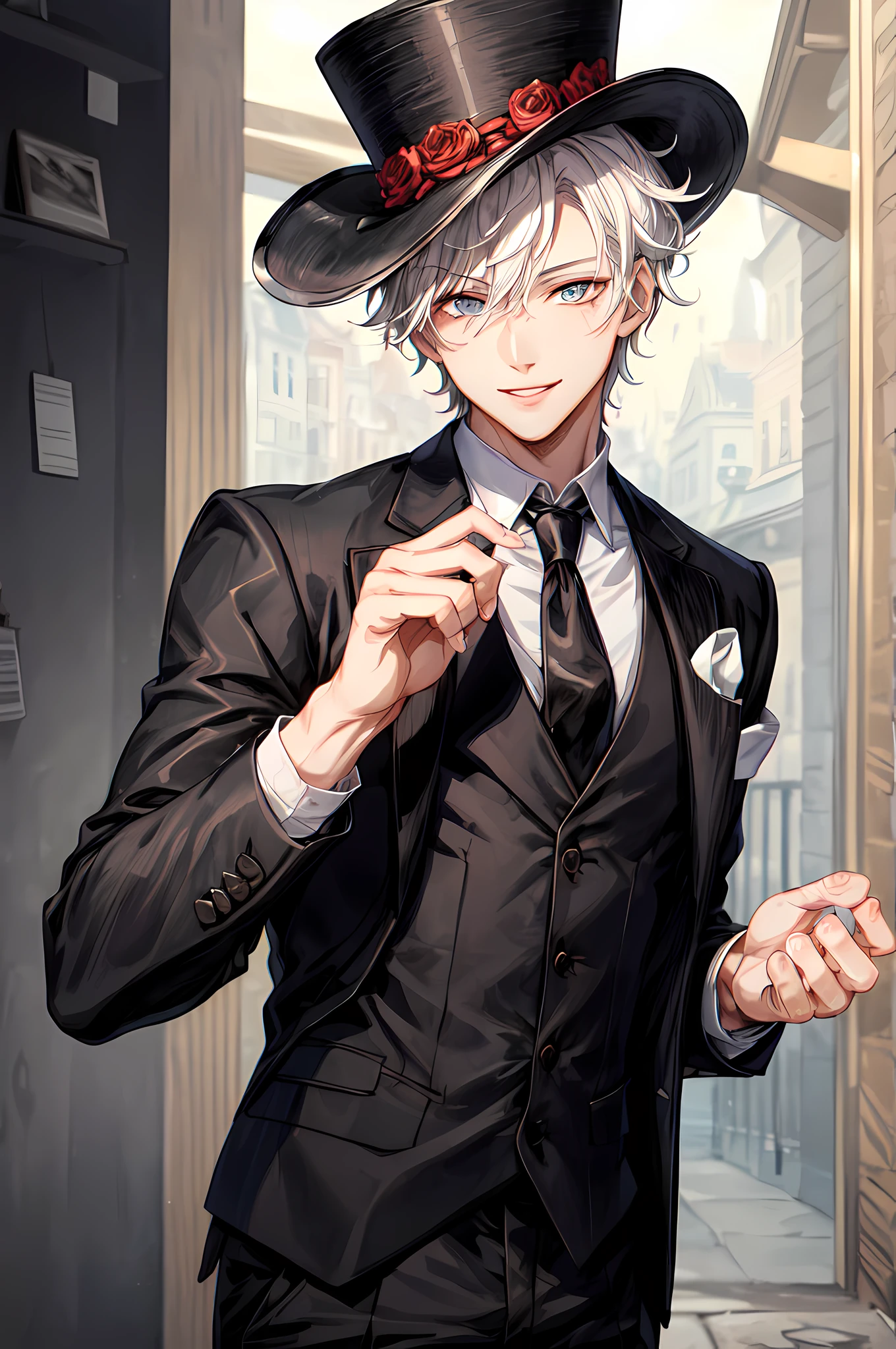 (best quality),(masterpiece),(original),extremely detailed wallpaper,looking at viewer,1boy,male,male focus,solo,white hair,messy hair,seductive_smile,black top hat, grey suit,black vest,black necktie,black cargo pants,upper body,