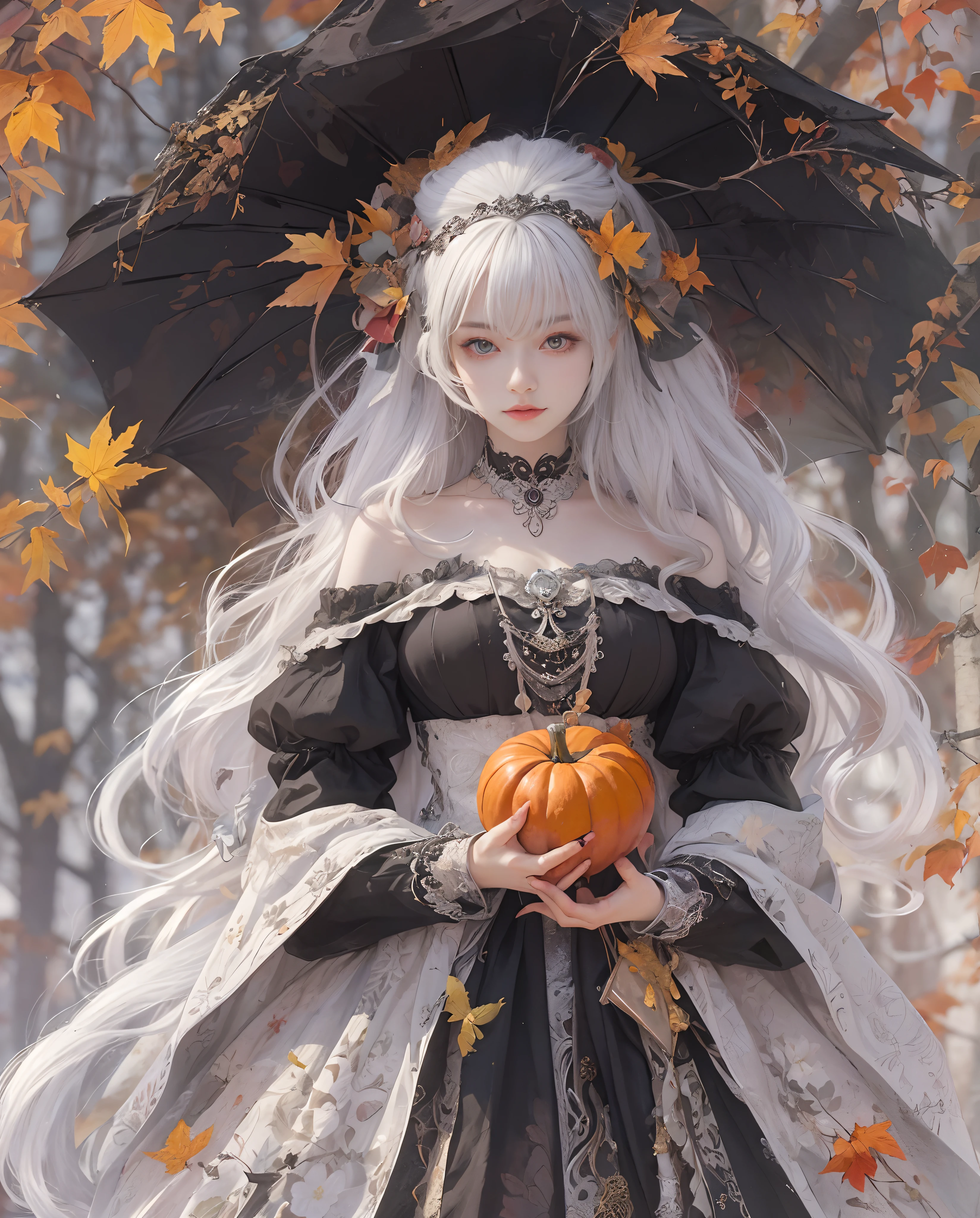 Best quality, masterpiece, meticulous details, intricate detail, realistic, 2 persons, a mystical autumn lady with black hair [SKIP] a mystical halloween lady with white hair
