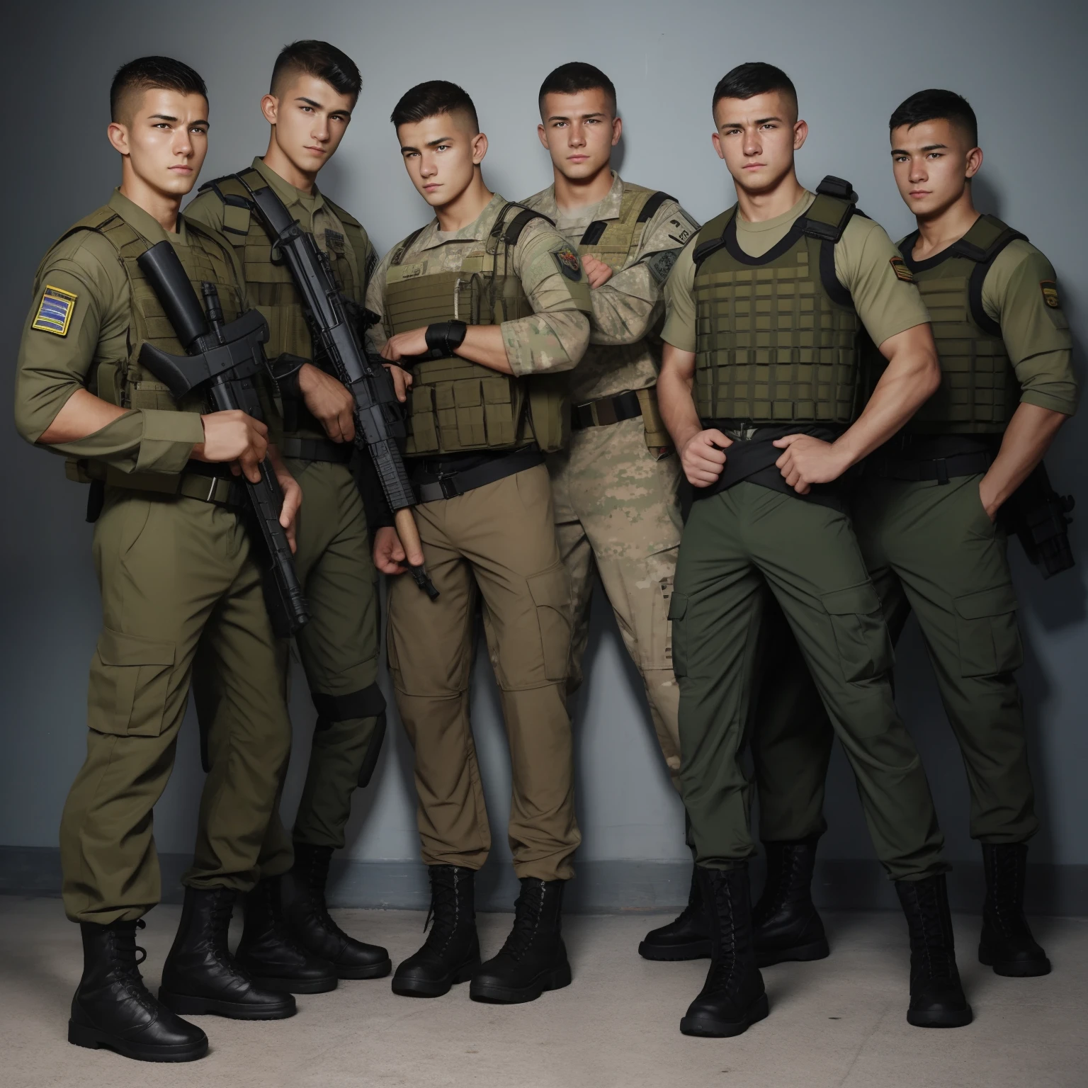 swat fighter, army barracks, cargo pants, army, 4boys, many young males, in group, age, caucassian masculine square face, military style, full body view, moaning, underwear