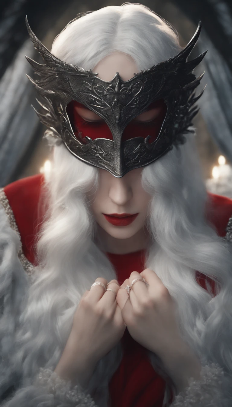 White-haired animated girl, The red dress was blindfolded, Gray-haired god, cradling hands, DOA, Unreal-Fantasy, Guwitz, Fantasy art style, White mask, beautiful fantasy maiden, White-eyed girl, Beautiful girl, gray-haired girl, Delicate white eyes, Guvitz-style artwork, beautiful fantasy art.