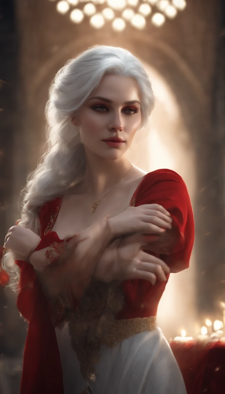 White-haired animated girl, The red dress was blindfolded, Gray-haired god, cradling hands, DOA, Unreal-Fantasy, Guwitz, Fantasy art style, White mask, beautiful fantasy maiden, White-eyed girl, Beautiful girl, gray-haired girl, Delicate white eyes, Guvitz-style artwork, beautiful fantasy art.