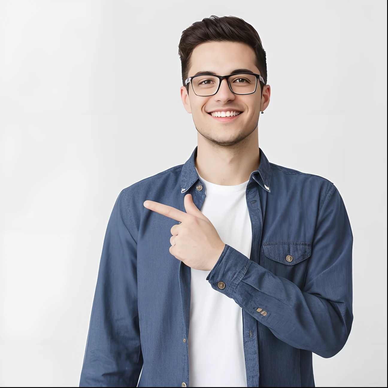 smiling man in glasses pointing at something with his finger, wearing a shirt and a jean, man with glasses, young man with short, slight nerdy smile, jewish young man with glasses, wearing small round glasses, wearing medium - sized glasses, smiling male, attractive man, young man with medium - length, typical cryptocurrency nerd, a photo of a man, with pointing finger, detailed, smooth, sharp, dslr, kodak