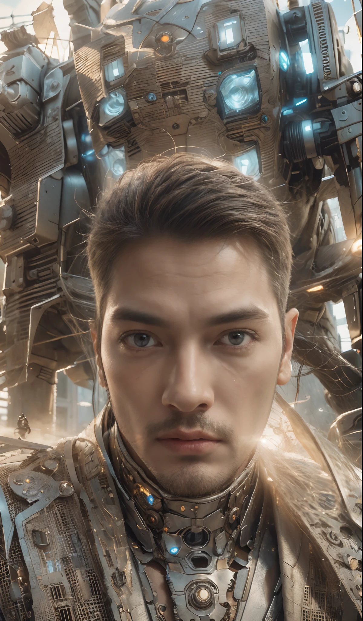 20 Year old, Realistic, ((Masterpiece)), ((Best quality)), (Detailed), Cinematic, Dynamic lighting, soft shade, Detailed background, Professional photography, Depth of field, Intricate, Detailed face, Subsurface scattering, photo-realistic hair, Realistic eyes, Muscular, Manly, buzz cut，my real face, Mecha 4RMOR, Wear mechanical Hanfu, Glowing, Dynamic pose, Futuristic, Futuristic city,Desert background stubble, Pants,