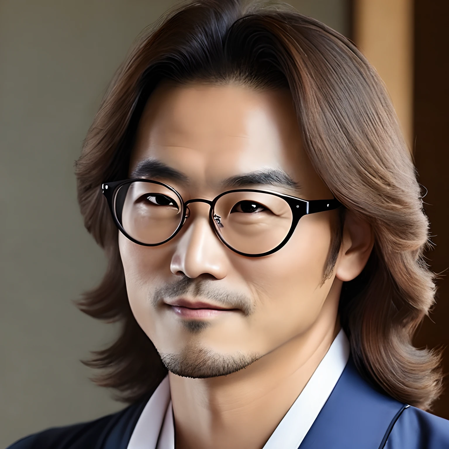 Male 40 years old long hair round glasses yukata