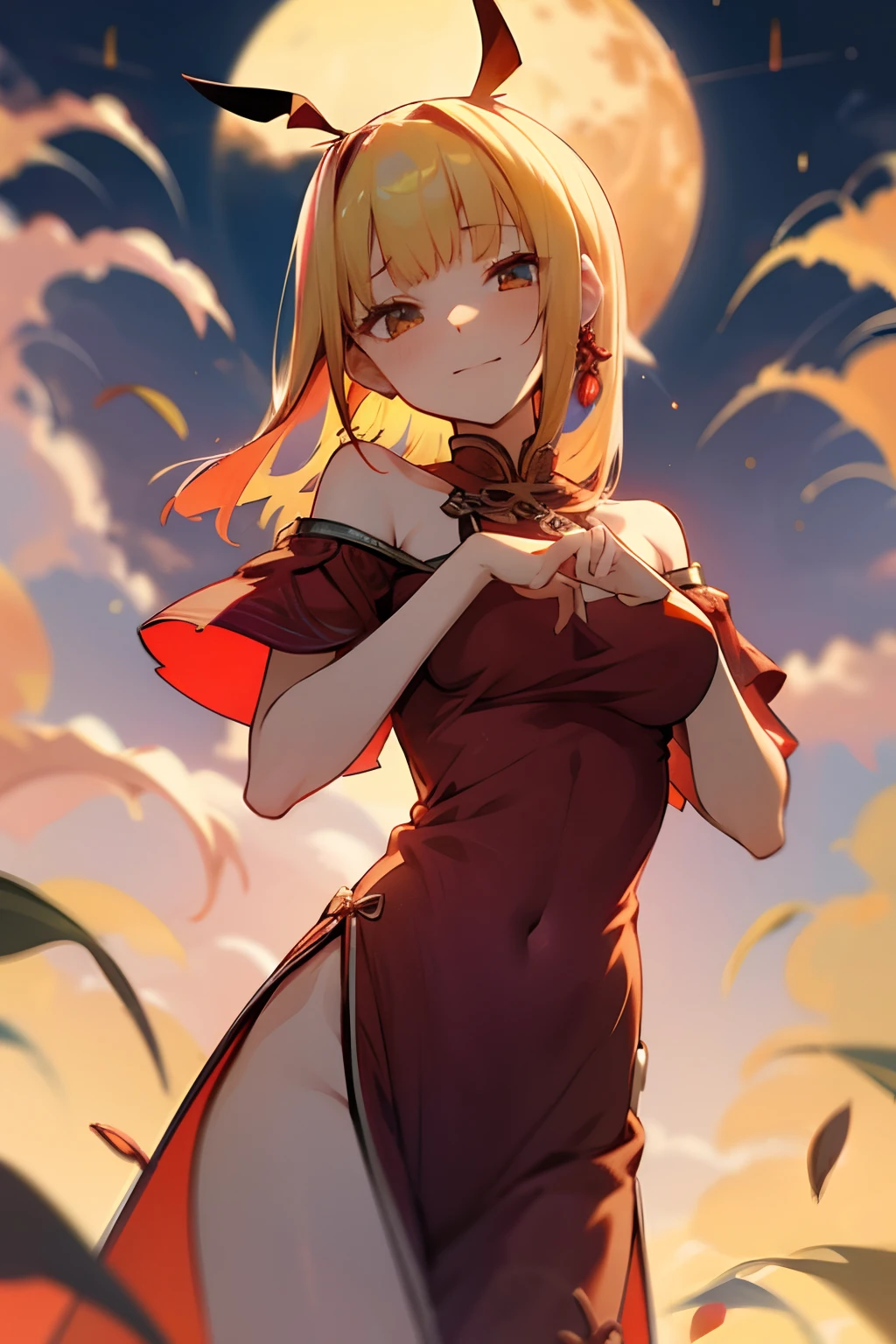 1girl,solo, dress, jewelry, short hair, off-shoulder dress, bunny, hands in the dress, benyue,((yuebing)),Full Moon,flying,sky,Chinese Dress,benyue,yuebing,((food focus)),((food)),colorful,red dress,