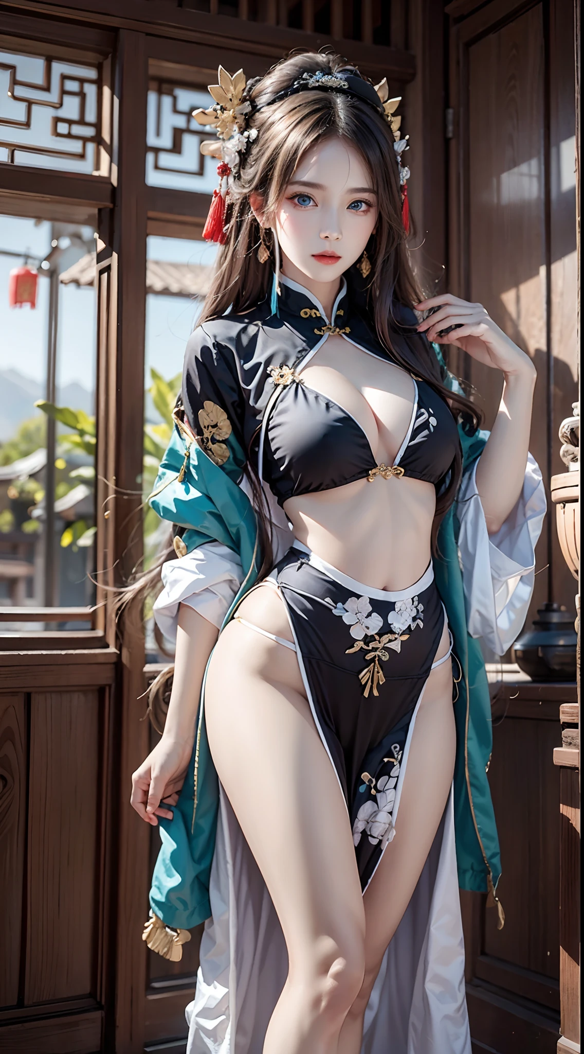 photorealistic, masterpiece, photorealistic, high resolution, soft light, hips up, blue eyes, Chinese Style, Ancient China, Sister, Royal Sister