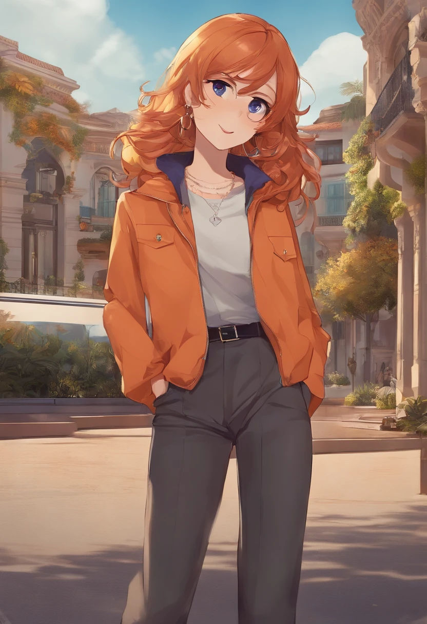 1girl, sozinho, Yorigami Jo'on, orange hair, broca de cabelo, glasses on head, olhos alaranjados, jewelries, arco, vestido branco, Purple jacket, durante, Brincos, kalap, Standing, hand on hip, Olhando para o Viewer, um olho fechado, Sorriso, ao ar livre, cidade