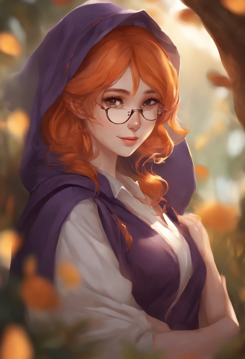 1girl, sozinho, Yorigami Jo'on, orange hair, broca de cabelo, glasses on head, olhos alaranjados, jewelries, arco, vestido branco, Purple jacket, durante, Brincos, kalap, Standing, hand on hip, Olhando para o Viewer, um olho fechado, Sorriso, ao ar livre, cidade