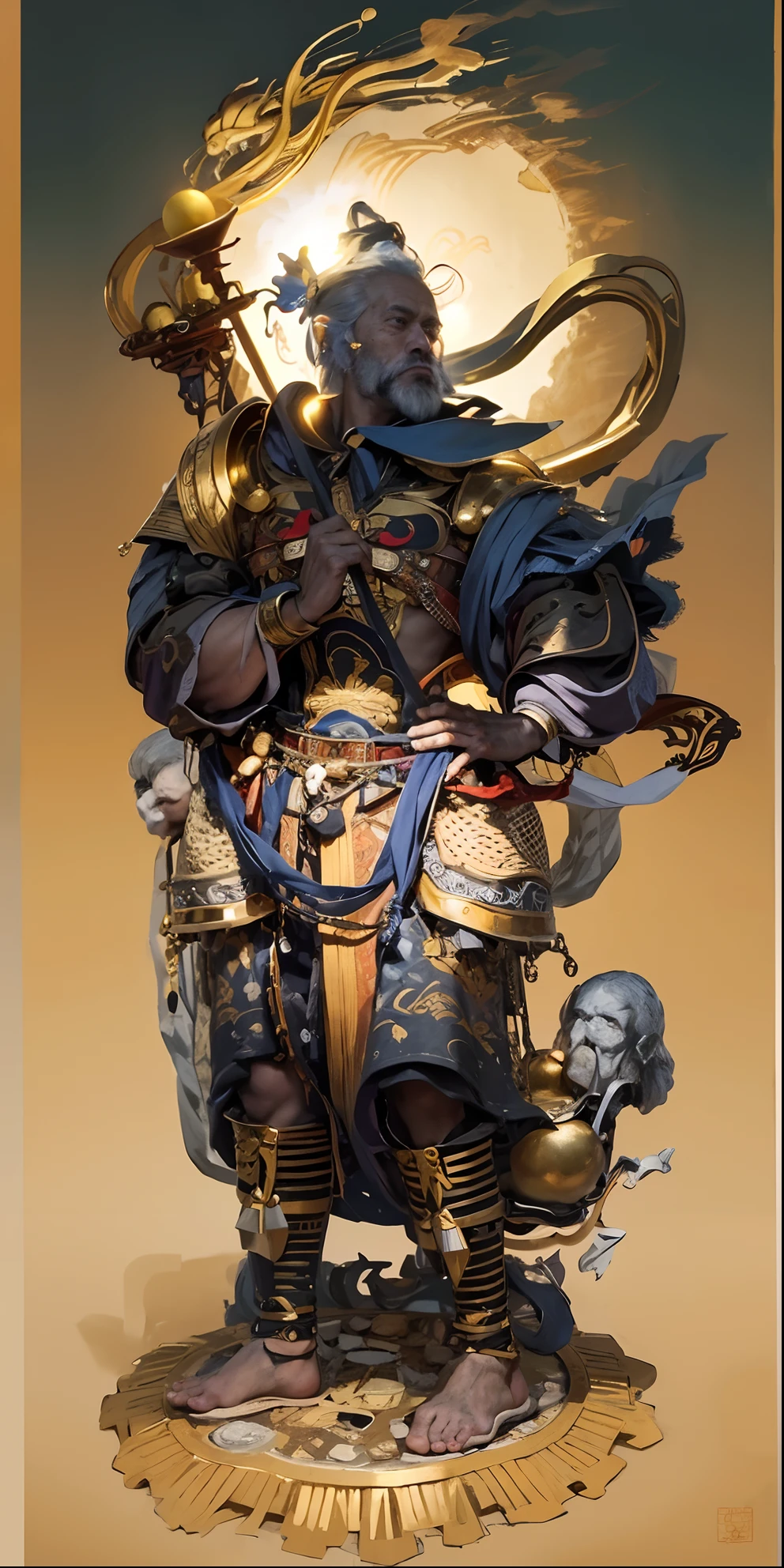 Handsome old man, mythical character,Grandpa,Gray hair fluttering,(((com um rosto quadrado))),nobles,Old King,One meter nine,small heads,long leges,Tall guy,com um rosto quadrado,Strong facial muscles,Peng Yuyan,Basketball player body proportions,Roman model,European people,looking toward the viewer,Blue pupil,The body is well-proportioned,Long legs,Straight back,Fitness trainer,Movie stars are glamorous,(((Heads-up))),Handsome,Westerners,muscular face,Muscular body,Perfect proportions,The muscles have expressions in both eyes,King Yan Luo stared ahead,(((Golden lotus throne))),The man wears a white shirt,(((Ancient Roman clothing))),silkouette,White yarn,There are muscles,(((Ancient Roman white clothes))),Shirtless,,(((Head background with round light))),(((Behind it is the sun))),(((The man emits a bright and dazzling light))),King Yan took away the metal weapon,Take the Skeleton Staff as an example,Barefoot on both feet,Step on the nasturtium,photorealestic,professional photoshooting,Realiy,超高分辨率,tmasterpiece,