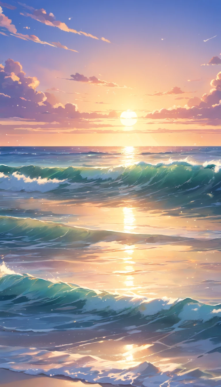 (best quality,4k,8k,highres,masterpiece:1.2),ultra-detailed,(realistic,photorealistic,photo-realistic:1.37),vivid colors,ocean sunset,beautiful detailed waves,reflecting sun rays,magnificent clouds,dramatic sky,silhouette of a lone sailboat,spectacular horizon,glowing orange and purple hues,serene atmosphere,soft gently lapping waves,peaceful and tranquil scene,sparkling sunlight on the water,serene and calm ambiance,ethereal beauty,with a touch of romance,mesmerizing view of the setting sun,ocean breeze,tidal waves crashing against the shore,majestic and awe-inspiring scenery,serenity and tranquility,seagulls flying in the distance,seamless transition from day to night,serene stillness of the ocean,rippling water creating a dreamy effect,soft glowing light illuminating the scene,serene and magical setting,secluded and untouched beach