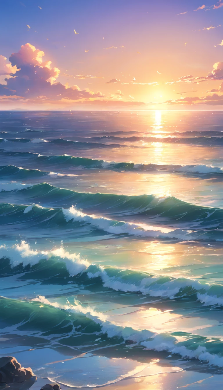 (best quality,4k,8k,highres,masterpiece:1.2),ultra-detailed,(realistic,photorealistic,photo-realistic:1.37),vivid colors,ocean sunset,beautiful detailed waves,reflecting sun rays,magnificent clouds,dramatic sky,silhouette of a lone sailboat,spectacular horizon,glowing orange and purple hues,serene atmosphere,soft gently lapping waves,peaceful and tranquil scene,sparkling sunlight on the water,serene and calm ambiance,ethereal beauty,with a touch of romance,mesmerizing view of the setting sun,ocean breeze,tidal waves crashing against the shore,majestic and awe-inspiring scenery,serenity and tranquility,seagulls flying in the distance,seamless transition from day to night,serene stillness of the ocean,rippling water creating a dreamy effect,soft glowing light illuminating the scene,serene and magical setting,secluded and untouched beach