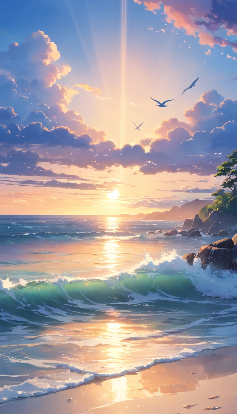 Swarms of fish swim towards the camera along the surface of the sea and between the sea, the sunset on the sea is brilliant, corals are everywhere under the sea, Makoto Shinkai's concept art, tumblr, magic realism, beautiful anime scenes, deep sea mysteries. by makoto shinkai, ( ( makoto shinkai ) ), anime background art, anime backgrounds, makoto shinkai's style, anime movie backgrounds, no humans.