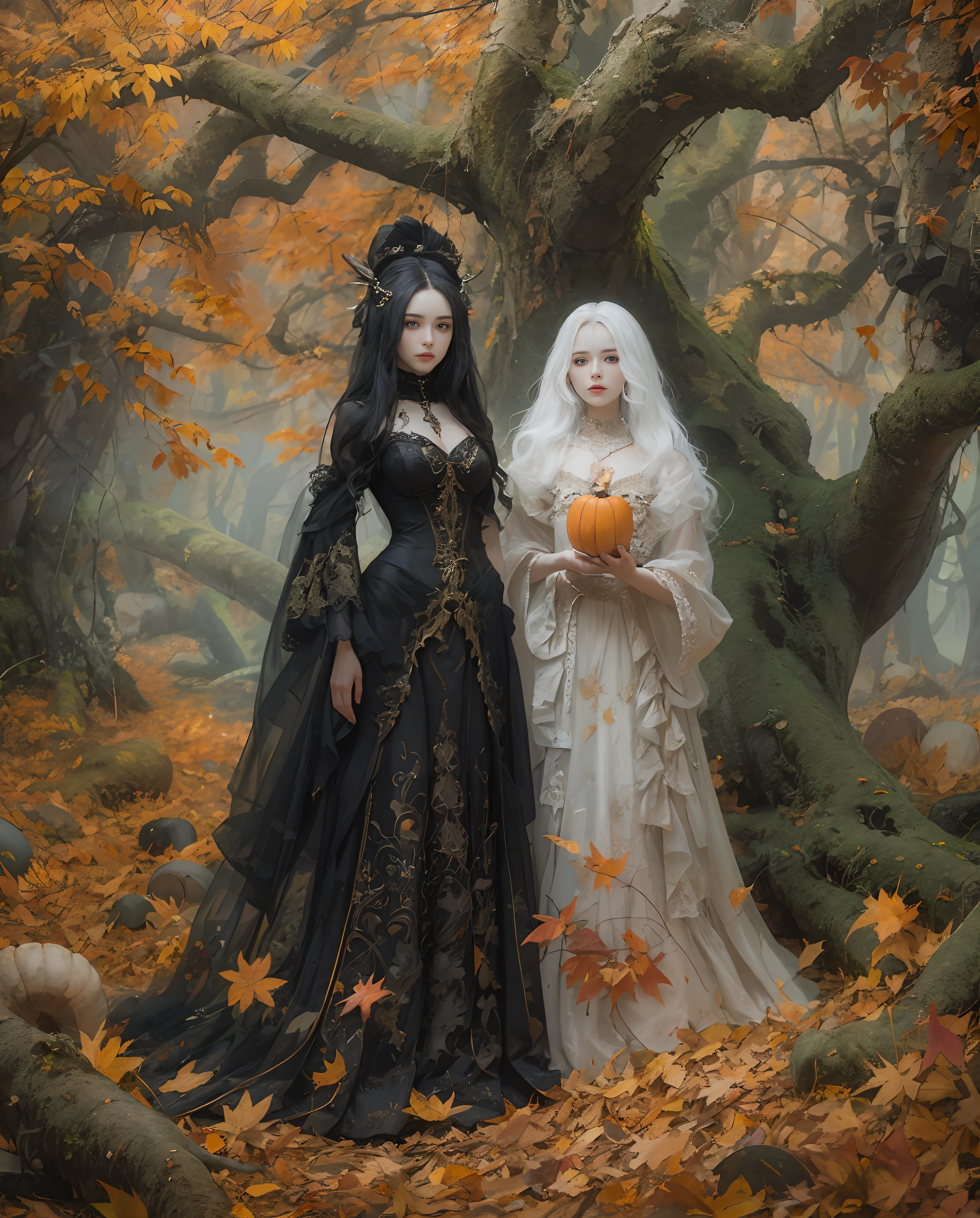 Best quality, masterpiece, meticulous details, intricate detail, 2 people, a mystical autumn lady with black hair alongside a mystical halloween lady with white hair